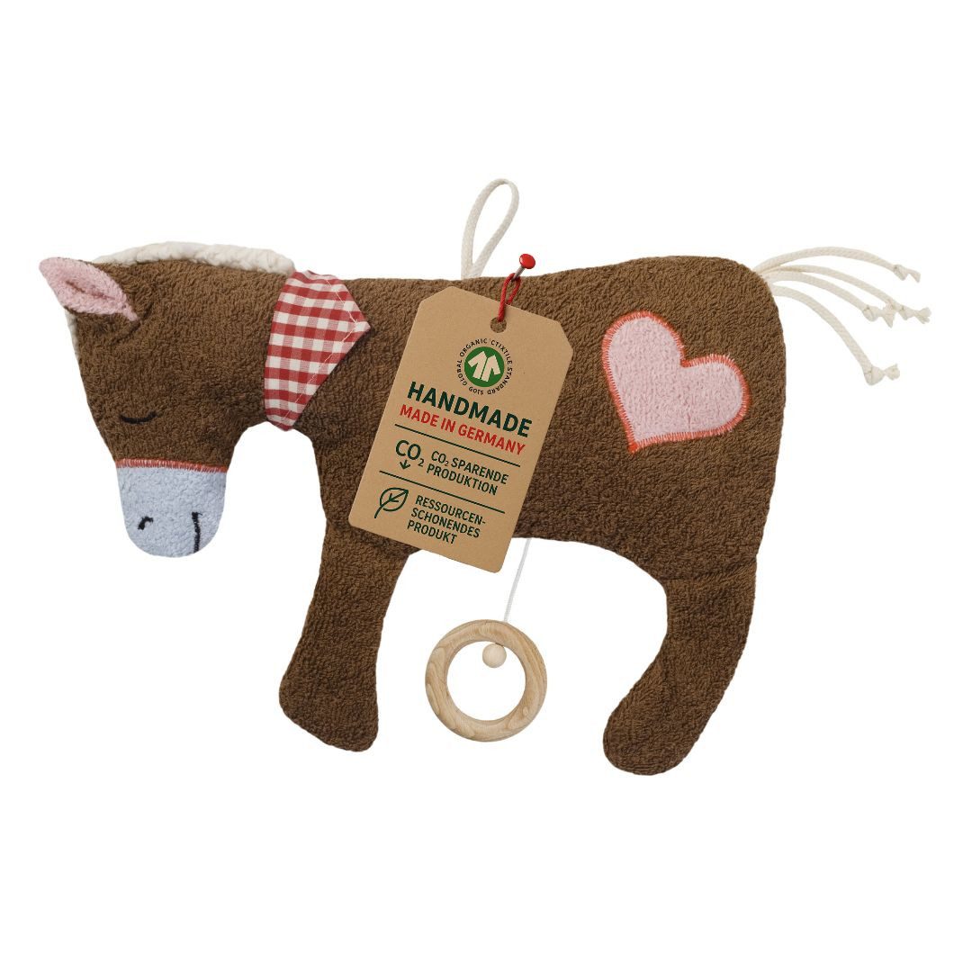 EFIE Spieluhr Pferd braun mit Herz-Applikation aus Bio-Baumwolle, ca. 34 cm