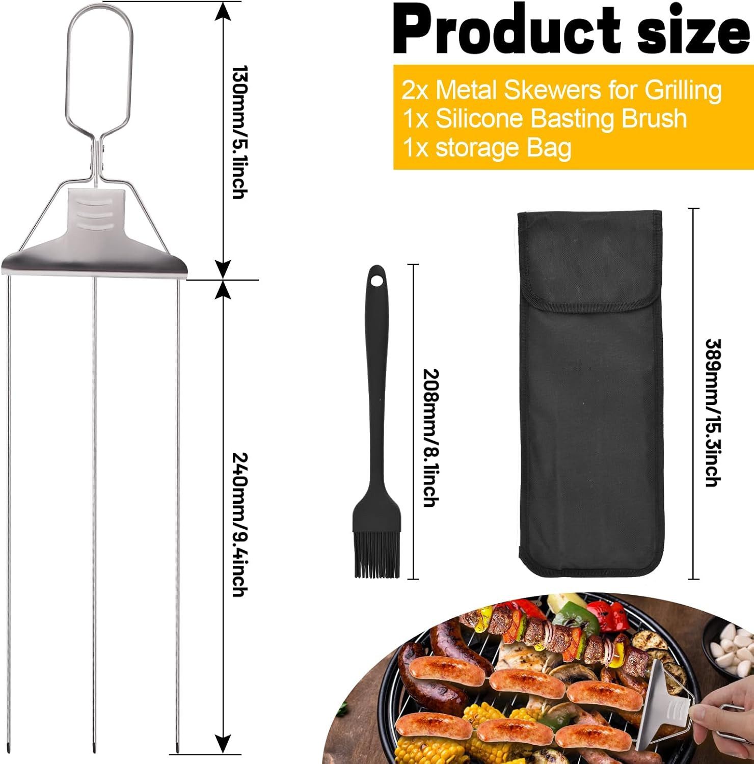 LA CUTE Grillspieß Edelstahl Grillspieße 3-fach mit Schiebemechanismus für sicheres BBQ (Grillspieß-Set mit innovativem 3-fach-Design für einfaches und gleichmäßiges Grillen, Wiederverwendbare Edelstahl-Brochetten Griff Schiebemechanismus), Robuste Edelstahl-Brochetten 3-fach-Spießen gleichmäßiges Grillen