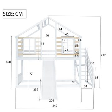 NMonet Etagenbett Hochbett 90x200cm (Absturzsicherung), Kinderbett, mit Treppe und Gitter, Rutsche und Fenster, aus Massivholz