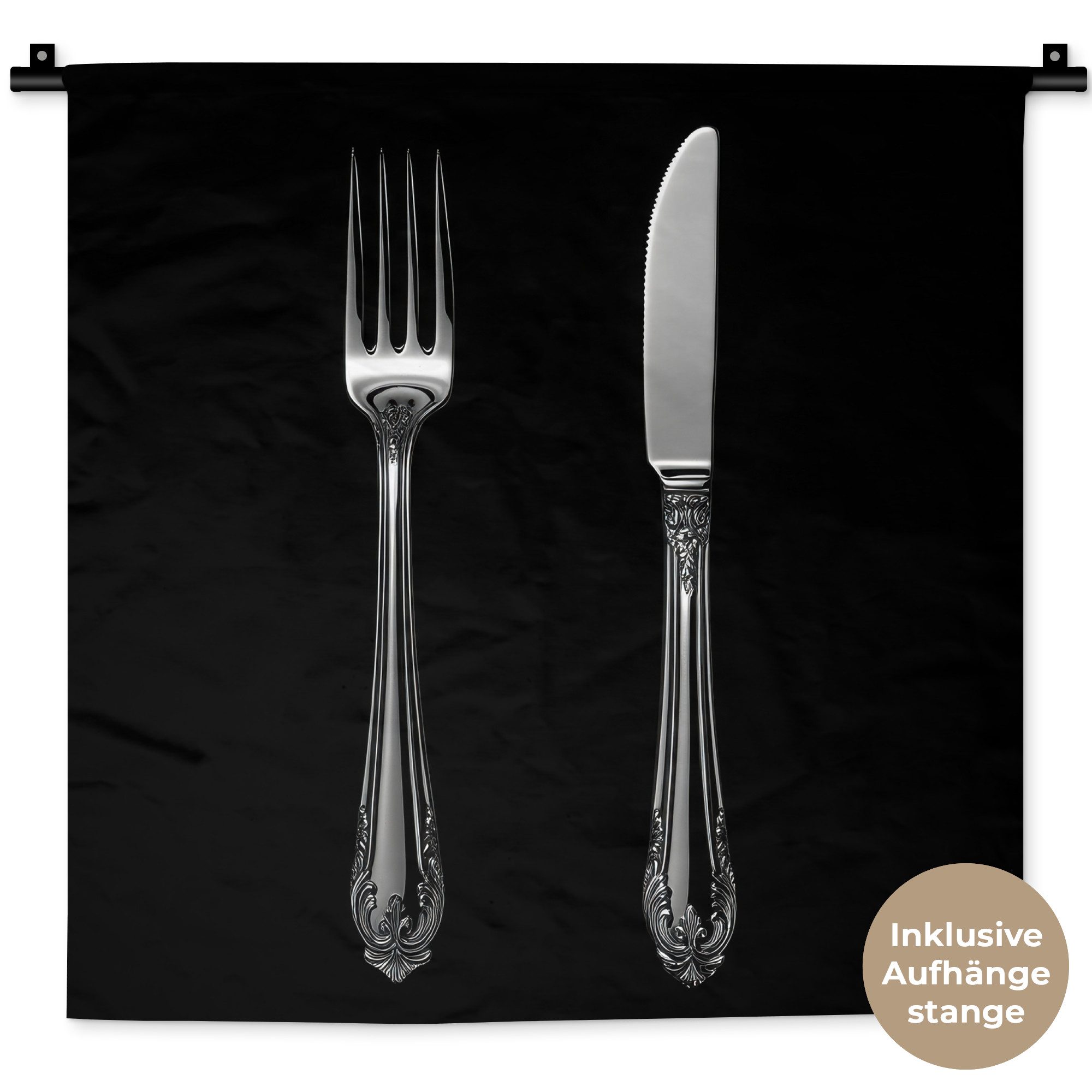MuchoWow Wandteppich Gabel - Messer - Silber, Quadratisch, Höhe: 3 mm, Wand Teppich, Deko für an den Wand, 60x60 cm