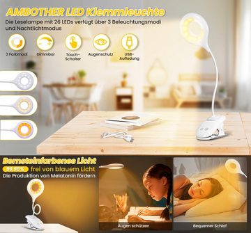 AMBOTHER LED Klemmleuchte, LED fest integriert, Warmweiß, Kaltweiß, Bernsteinfarbe, Touch stufenloses Dimmen drei Farbtemperatur, 360° drehbar, 2000 mA Akku 26 Lampenperlen unterstützen USB-Aufladung