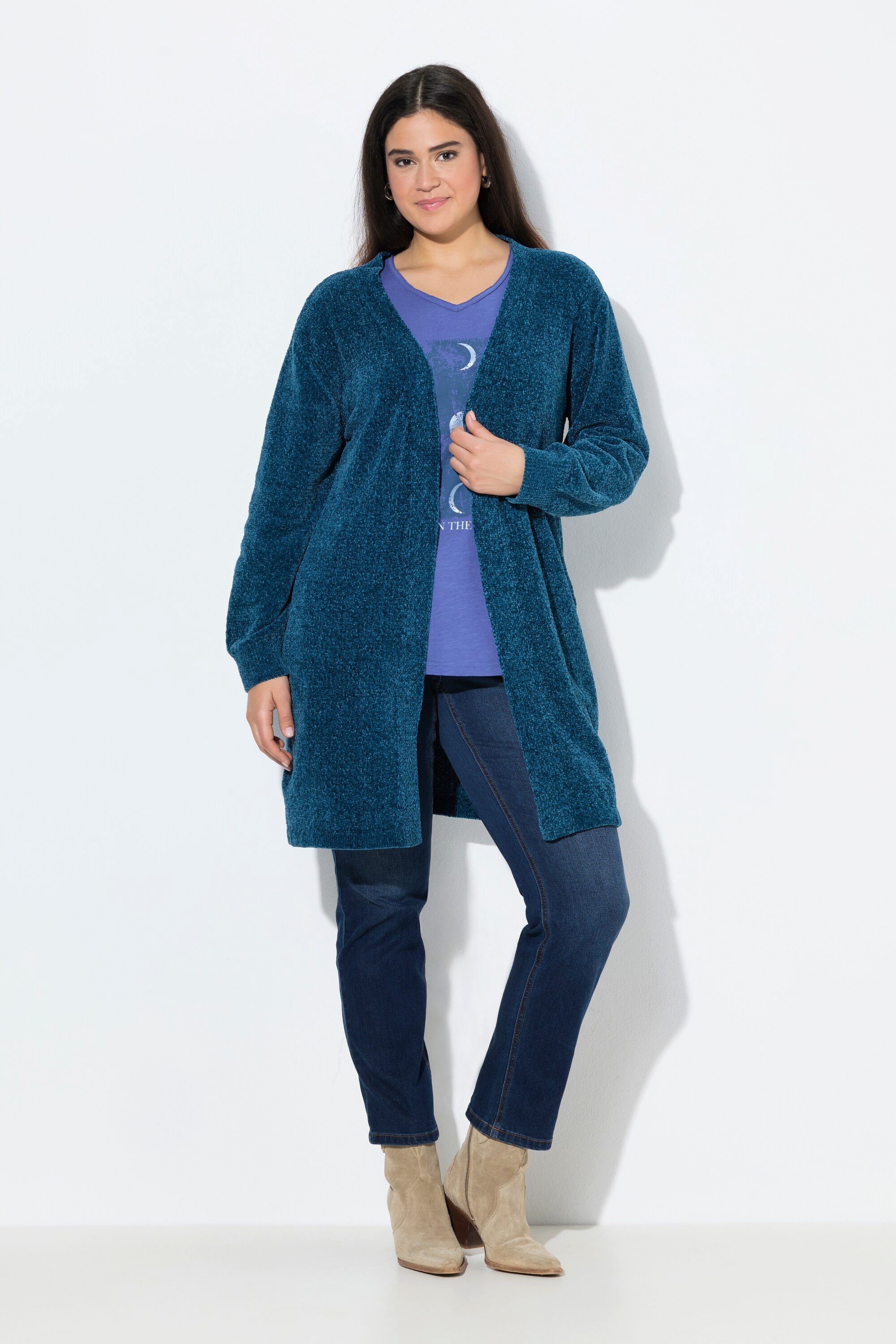 Ulla Popken Strickjacke Chenille-Strickjacke V-Ausschnitt offene Form günstig online kaufen