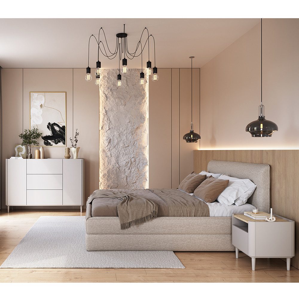 Lomadox Schlafzimmer-Set ELOY-141, (Spar-Set, 3-tlg., Nachtkommoden), Kaschmir beige Eiche Dekor Holzfüße grifflos modern Softclose
