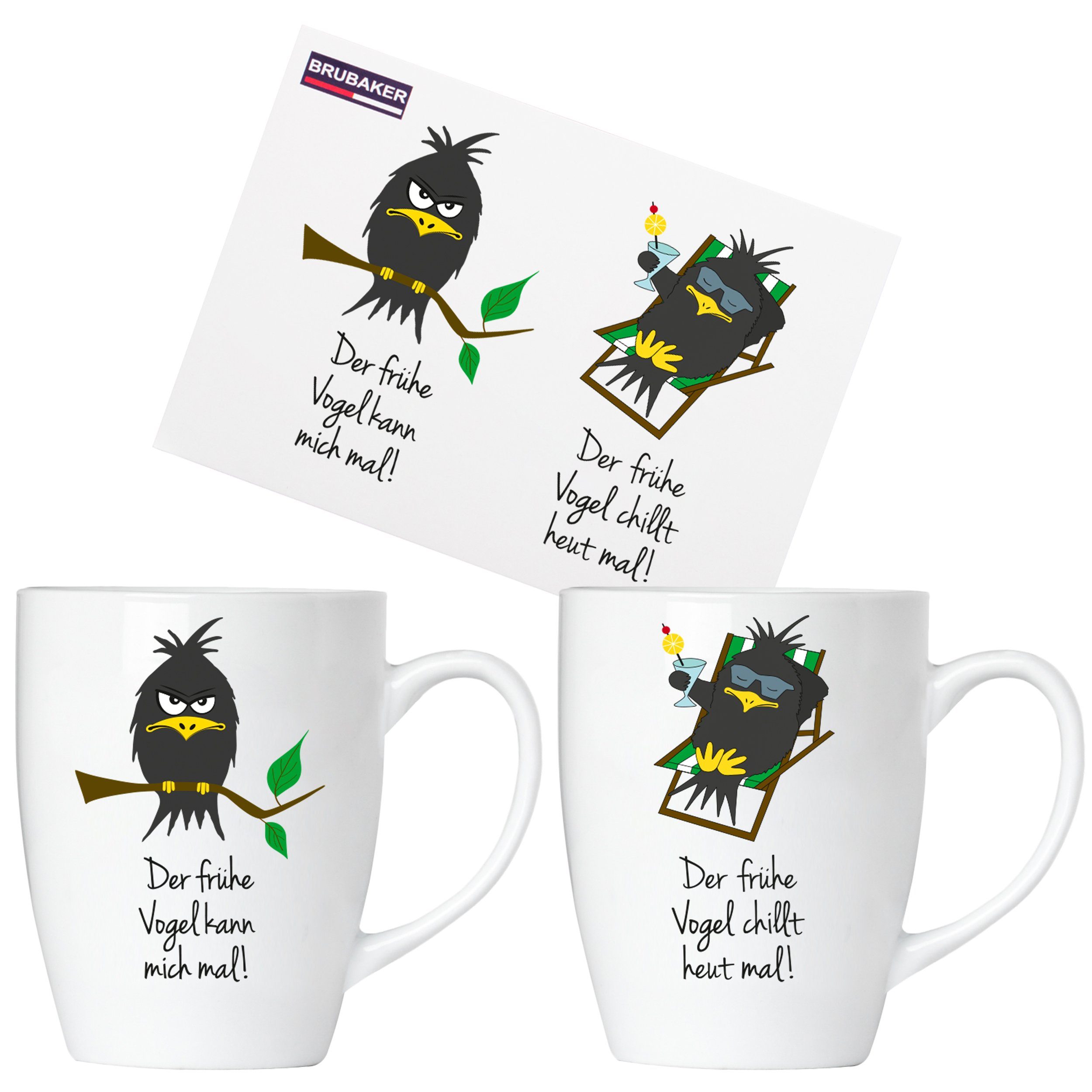 BRUBAKER Tasse 2er Set Kaffeetasse Der frühe Vogel, Keramik, Kaffeebecher in Geschenkpackung, Kaffeetassen Becher mit Grußkarte, Tassen mit Spruch Geschenkset