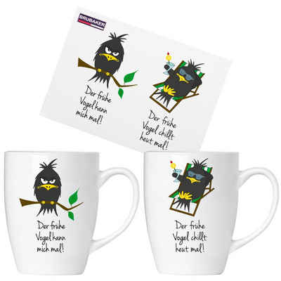BRUBAKER Tasse »2er Set Kaffeetasse Der frühe Vogel«, Keramik, Kaffeebecher in Geschenkpackung, Kaffeetassen Becher mit Grußkarte, Tassen mit Spruch Geschenkset