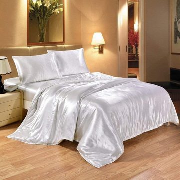 Bettdecke, Kopfkissen + Topper, Satin Seide Bedding 4 teilig Bettwäsche Set Bettbezug Atmungsaktiv, DEBAIJIA