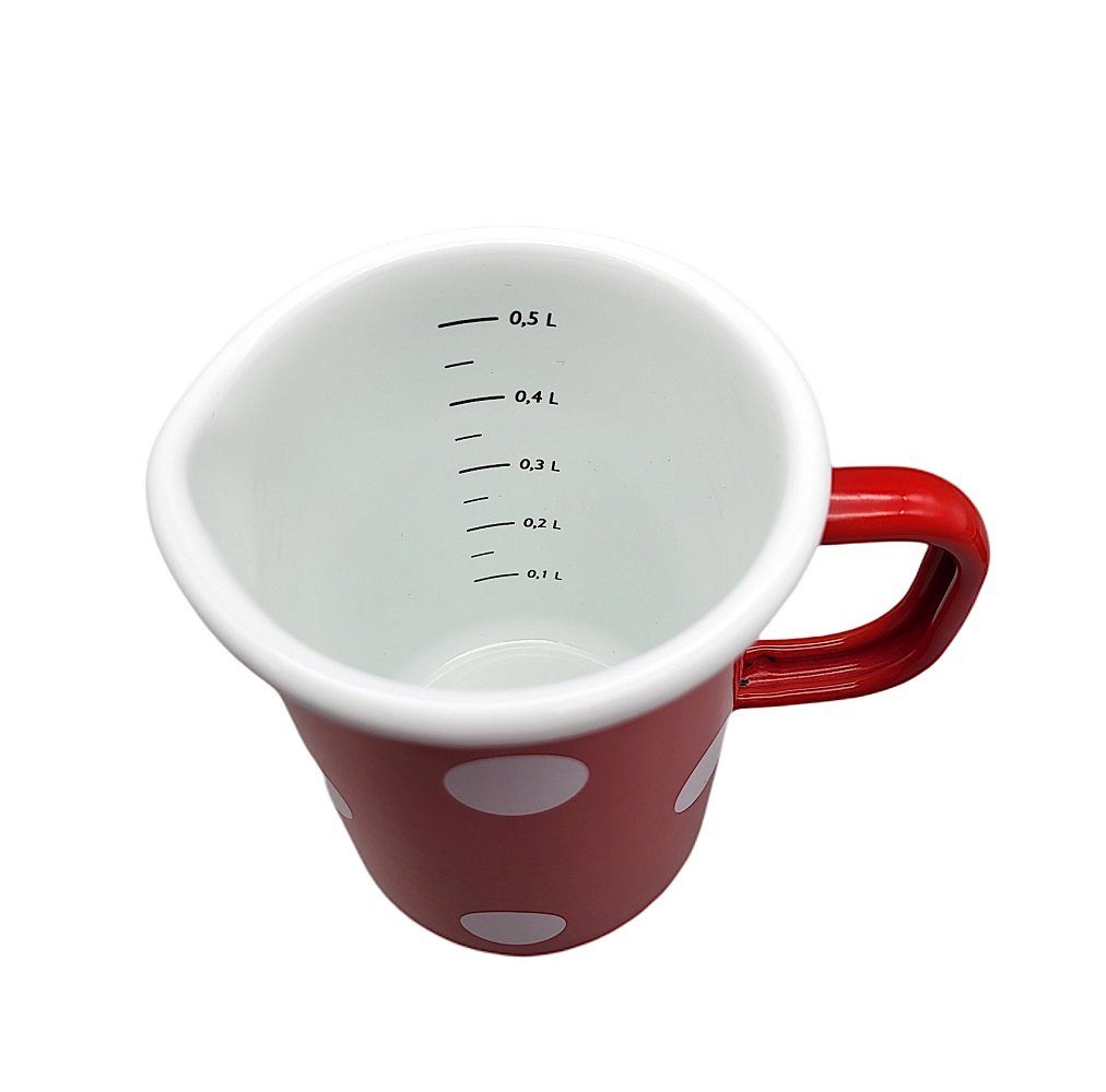 Messbecher weiße Maßbecher 0,5 Liter, Suppentopf mit Küchen Tupfen Rot- Linoows Emaille Skala, Emaille Messbecher (1x),