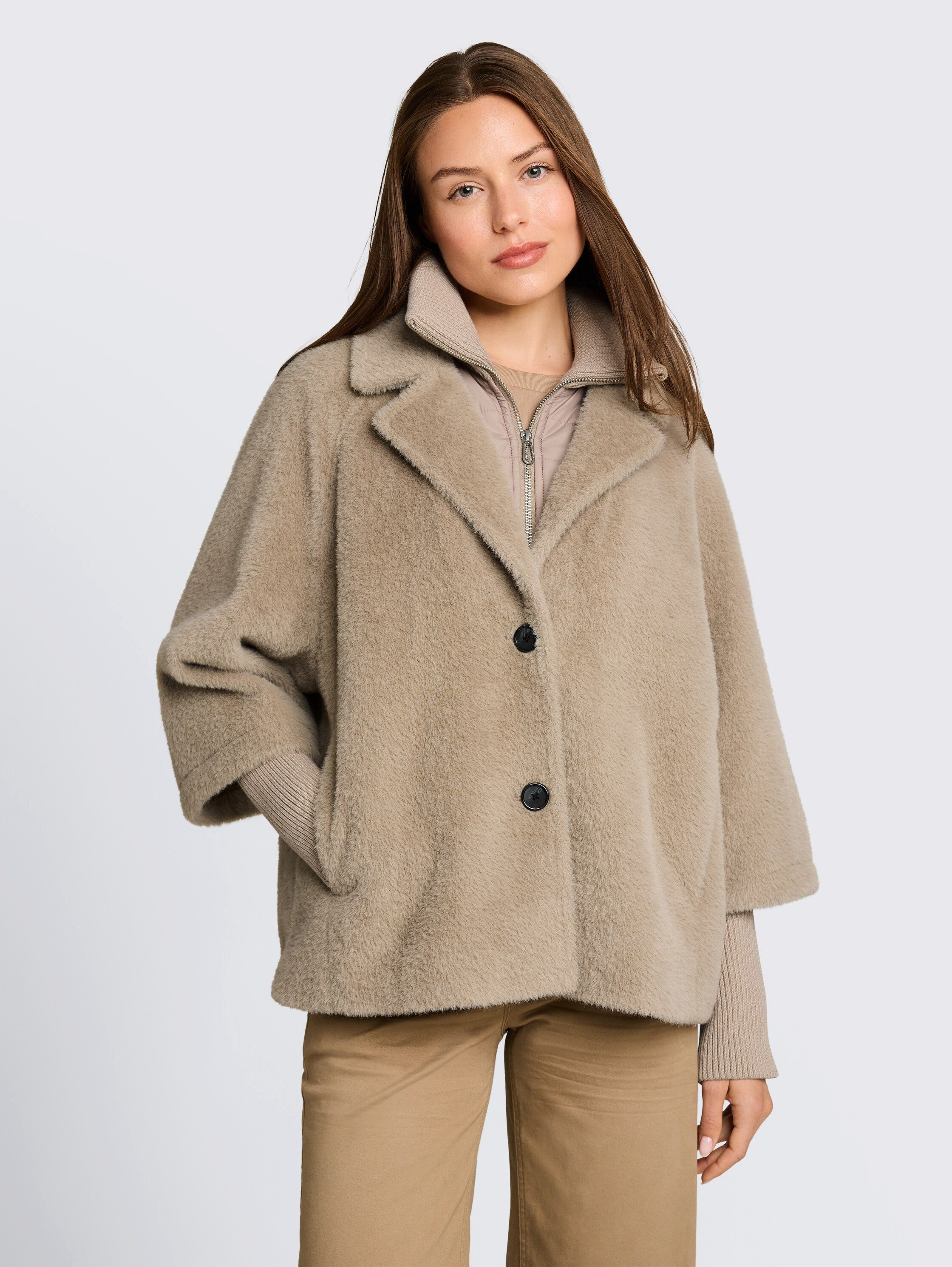 TOM TAILOR Fellimitatjacke Regular mit Reverskragen und Stehkragen-Inlay und Knopfleiste