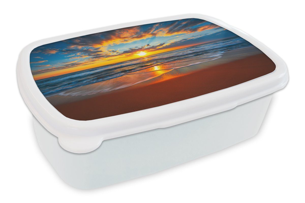 MuchoWow Lunchbox Meer - Sonnenuntergang - Strand - Wolken - Orange, Kunststoff, (2-tlg), Brotbox für Kinder und Erwachsene, Brotdose, für Jungs und Mädchen weiß