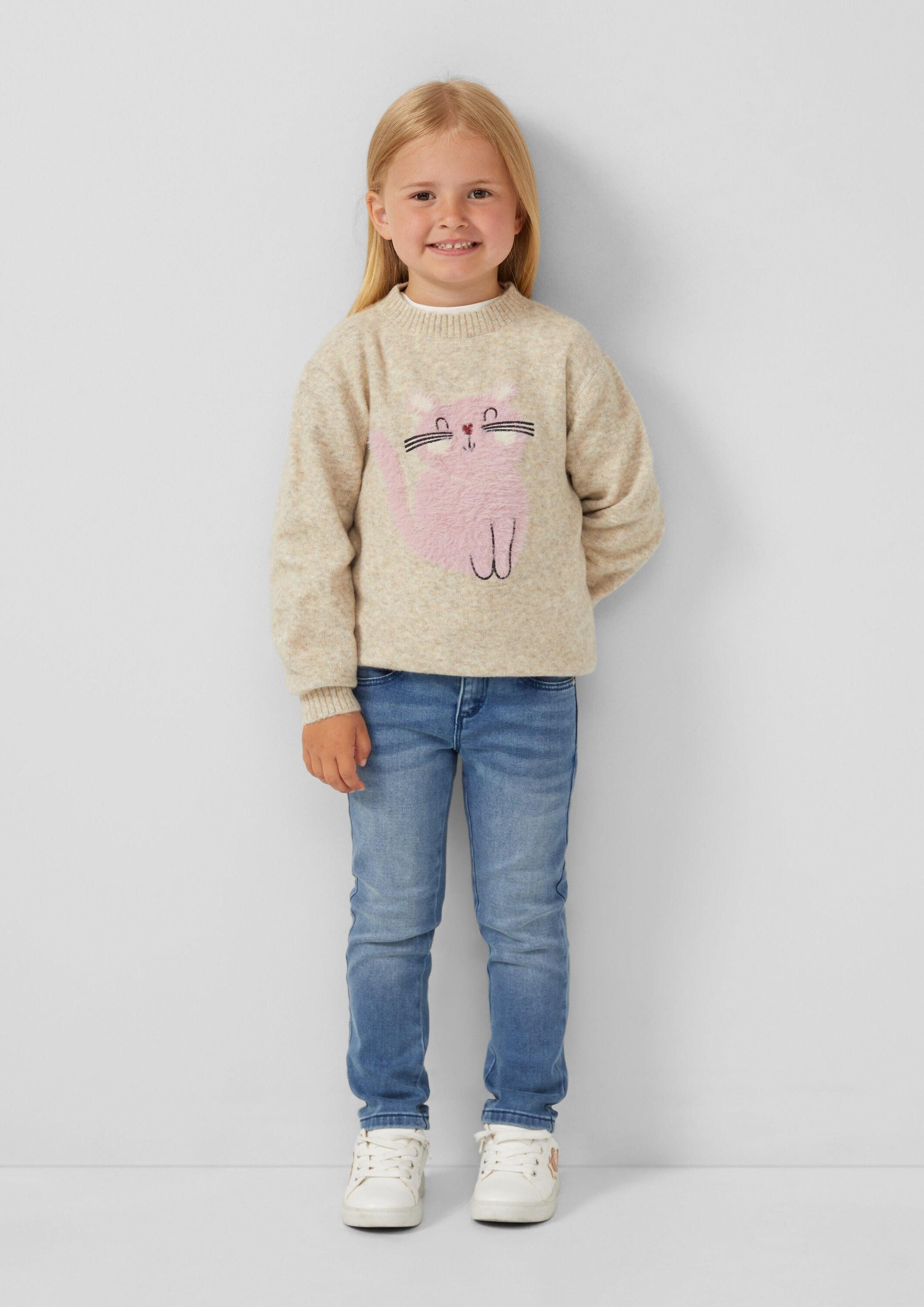 s.Oliver Longpullover Strickpullover Kuscheliger Loose-Fit-Strickpullover mit Katzen-Artwork