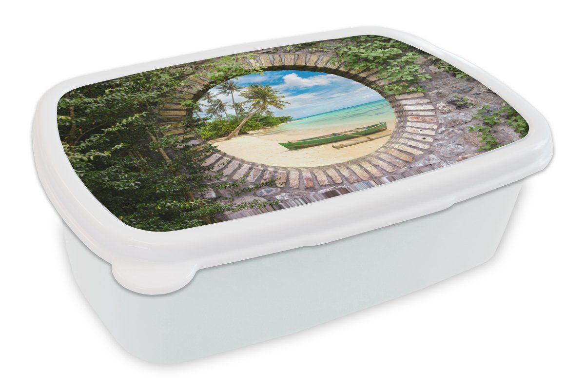 für Erwachsene, Mädchen weiß Palme Kunststoff, Jungs Brotdose, - MuchoWow - Lunchbox (2-tlg), für Kinder Aussicht Strand und Kanu, - und Brotbox