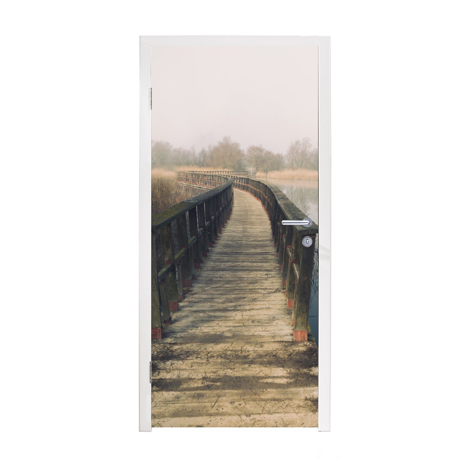 MuchoWow Türtapete Hölzerne Fußgängerbrücke im spanischen Nationalpark Tablas de Daimiel, Matt, bedruckt, (1 St), Fototapete für Tür, Türaufkleber, 75x205 cm