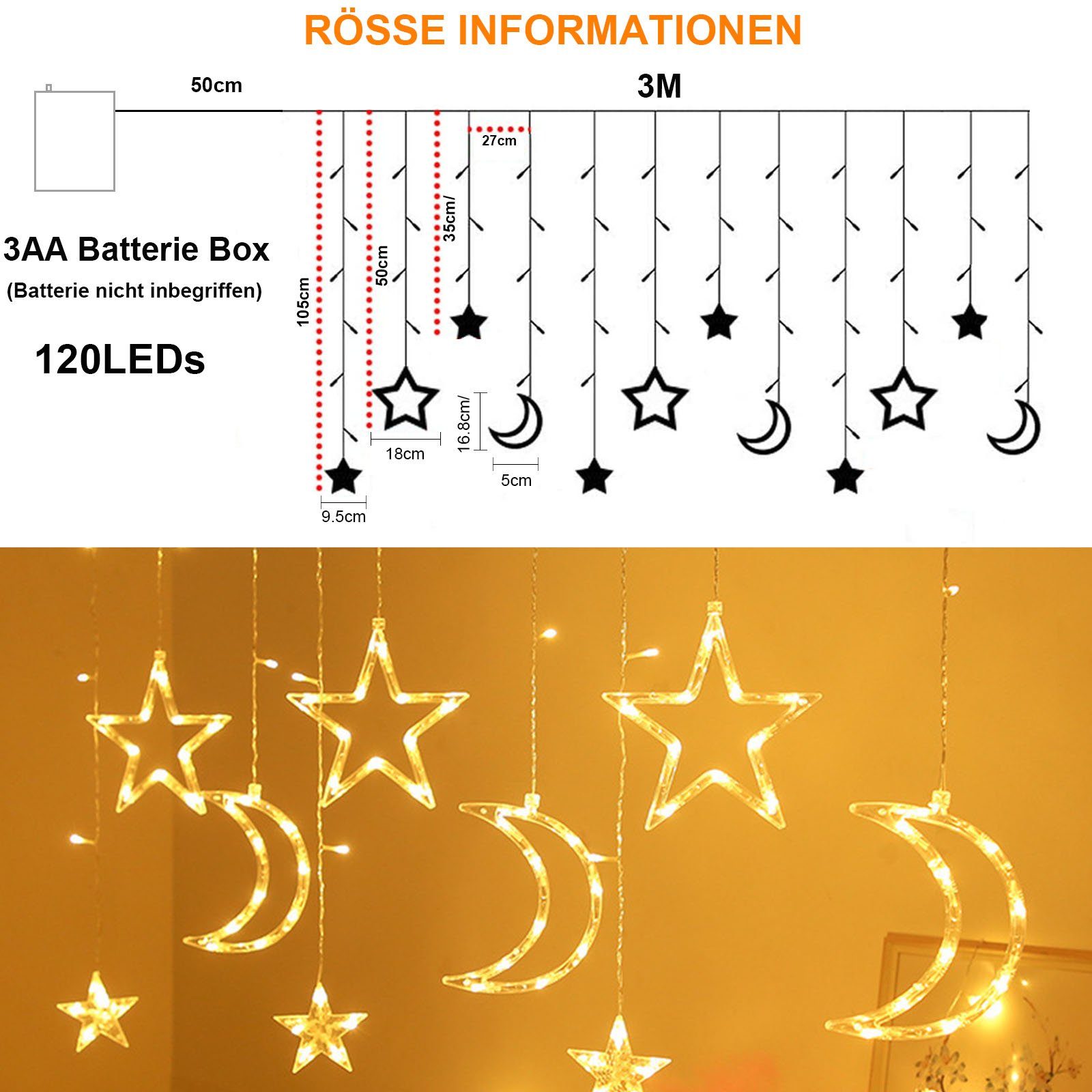 Jibenhome Lichtervorhang 3M LED Mond und Stern Vorhanglicht Batteriebetrieben LED Lichterkette