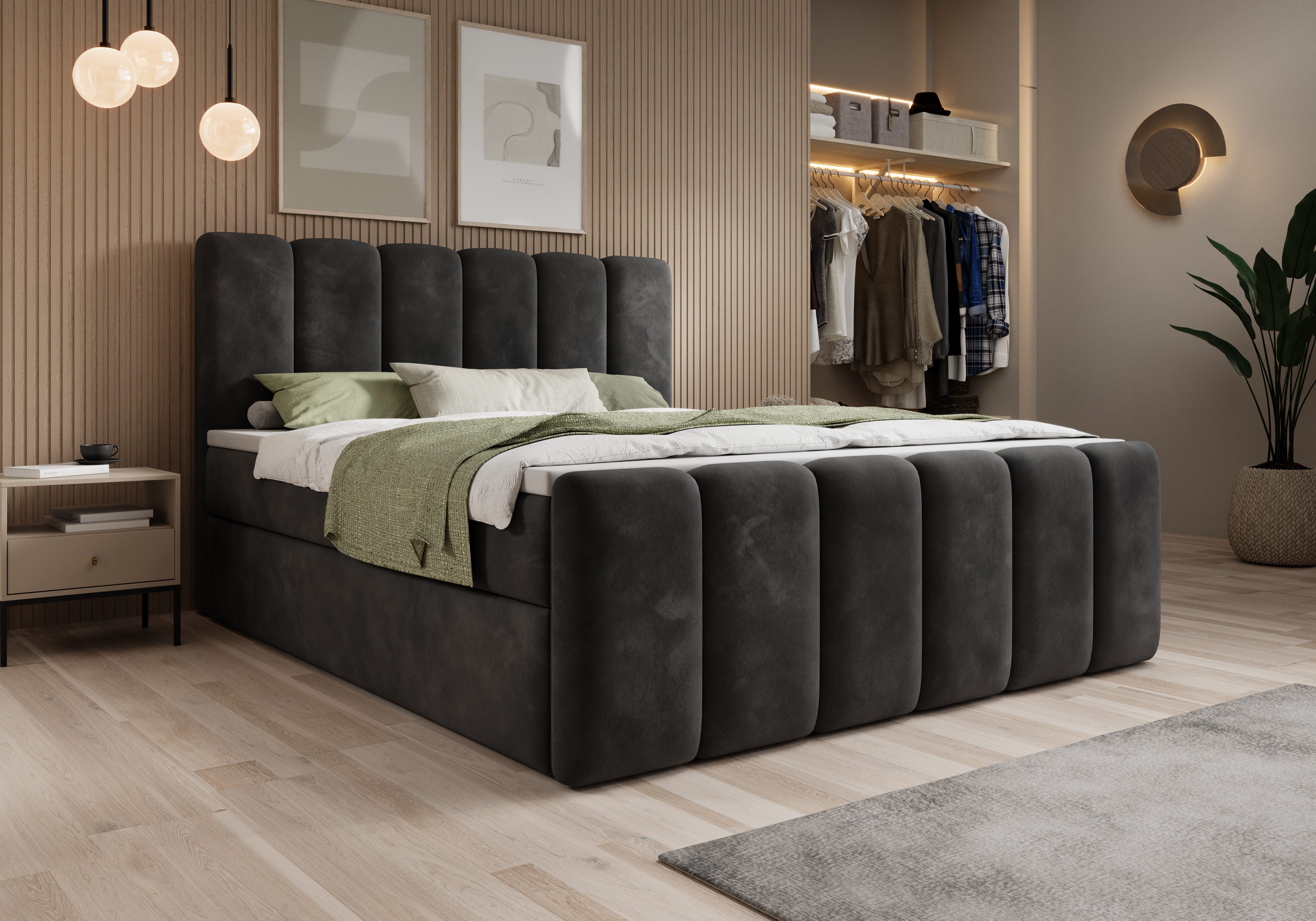 thematys Boxbett mit Bettkasten 140x200–200x200 cm – Velours oder Bouclé Bezug – (Polsterbett Bonnellfederkern Matratze H3 + Gratis 3cm Topper, Boxbett - Luxus Doppelbett mit Stauraum)