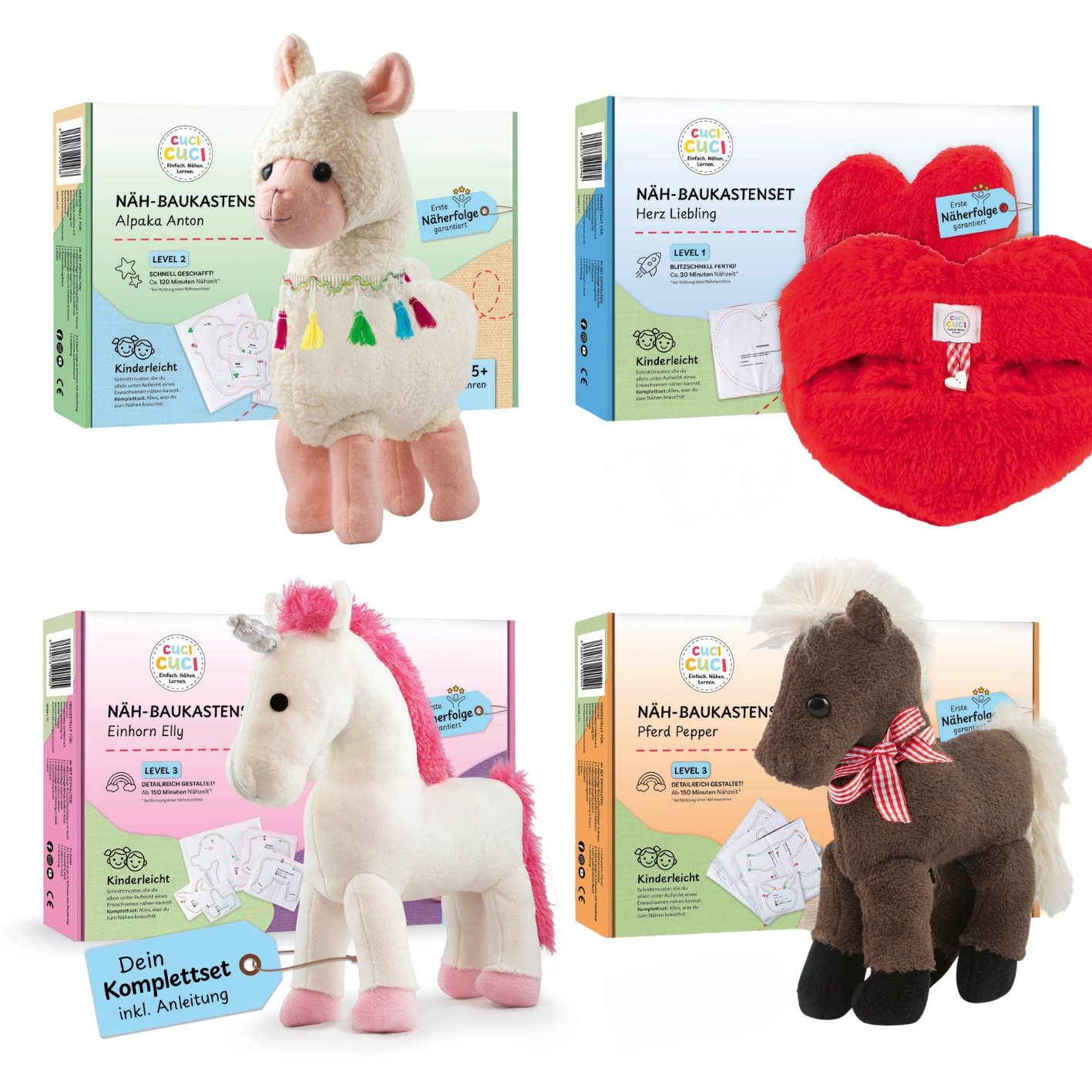 cuci cuci Kreativset Näh-Baukasten für Kinder - erste Näherfolge garantiert, (4er-Set Näh-Baukasten, 4-tlg), Komplettset mit allem, was du zum Nähen brauchst