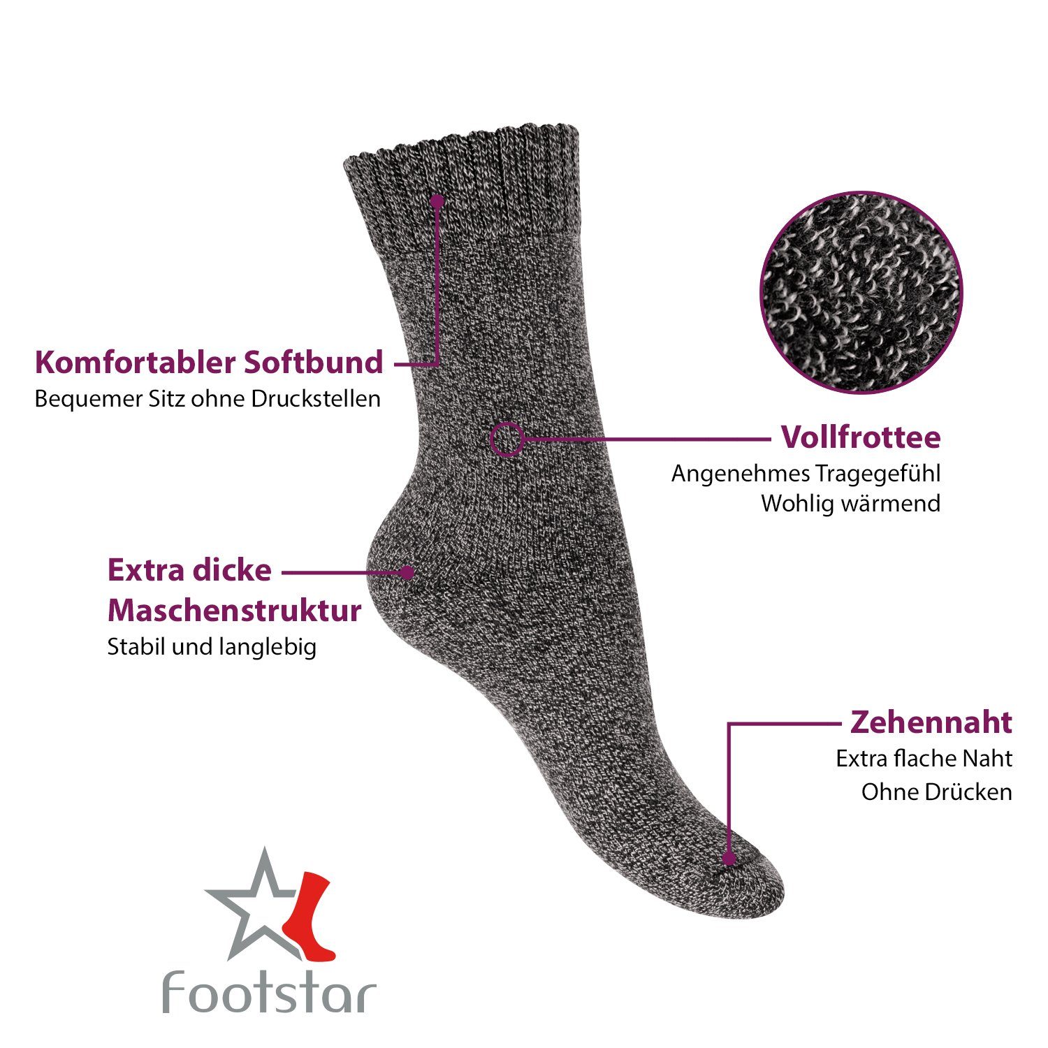 (6 Footstar Paar) Socken Thermosocken Damen Thermo Grau/Rot Effekt Socken mit Winter Frottee