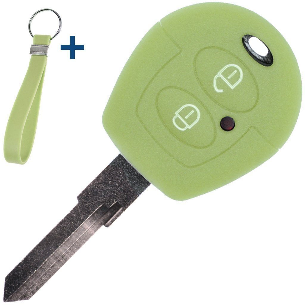 mt-key Schlüsseltasche Autoschlüssel Silikon Schutzhülle mit passendem Schlüsselband, für VW SEAT Skoda T4 Fox Sharan Polo Cordoba 2 Tasten Fernbedienung Fluoreszierend Grün