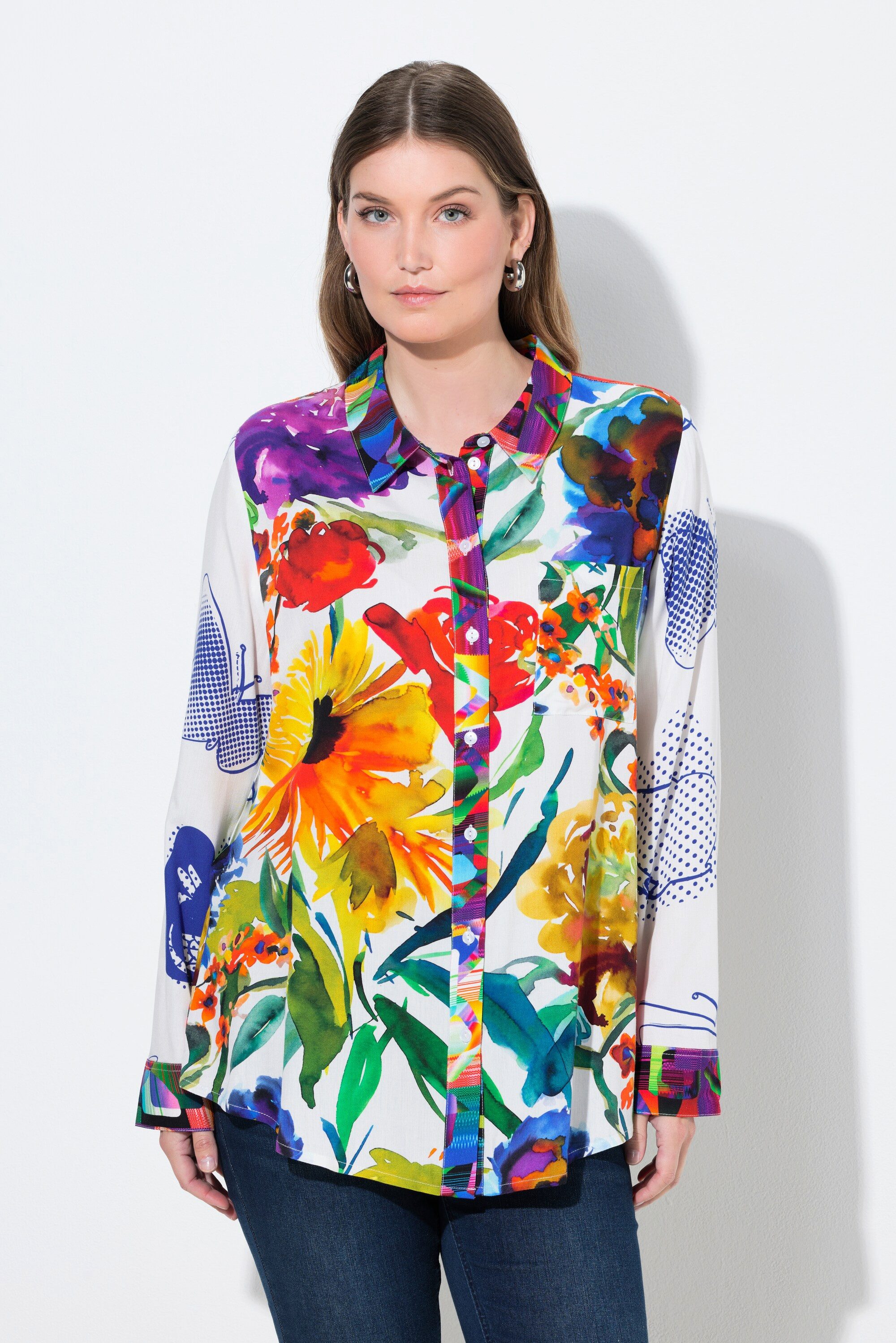 Ulla Popken Hemdbluse Hemdbluse Mustermix Hemdkragen Langarm