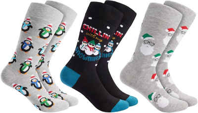 BRUBAKER Socken Weihnachtssocken - Lustige Socken für Damen und Herren (3-Paar, Unisex Baumwollsocken) Chillin with my Snowmies, Pinguine und Bärte