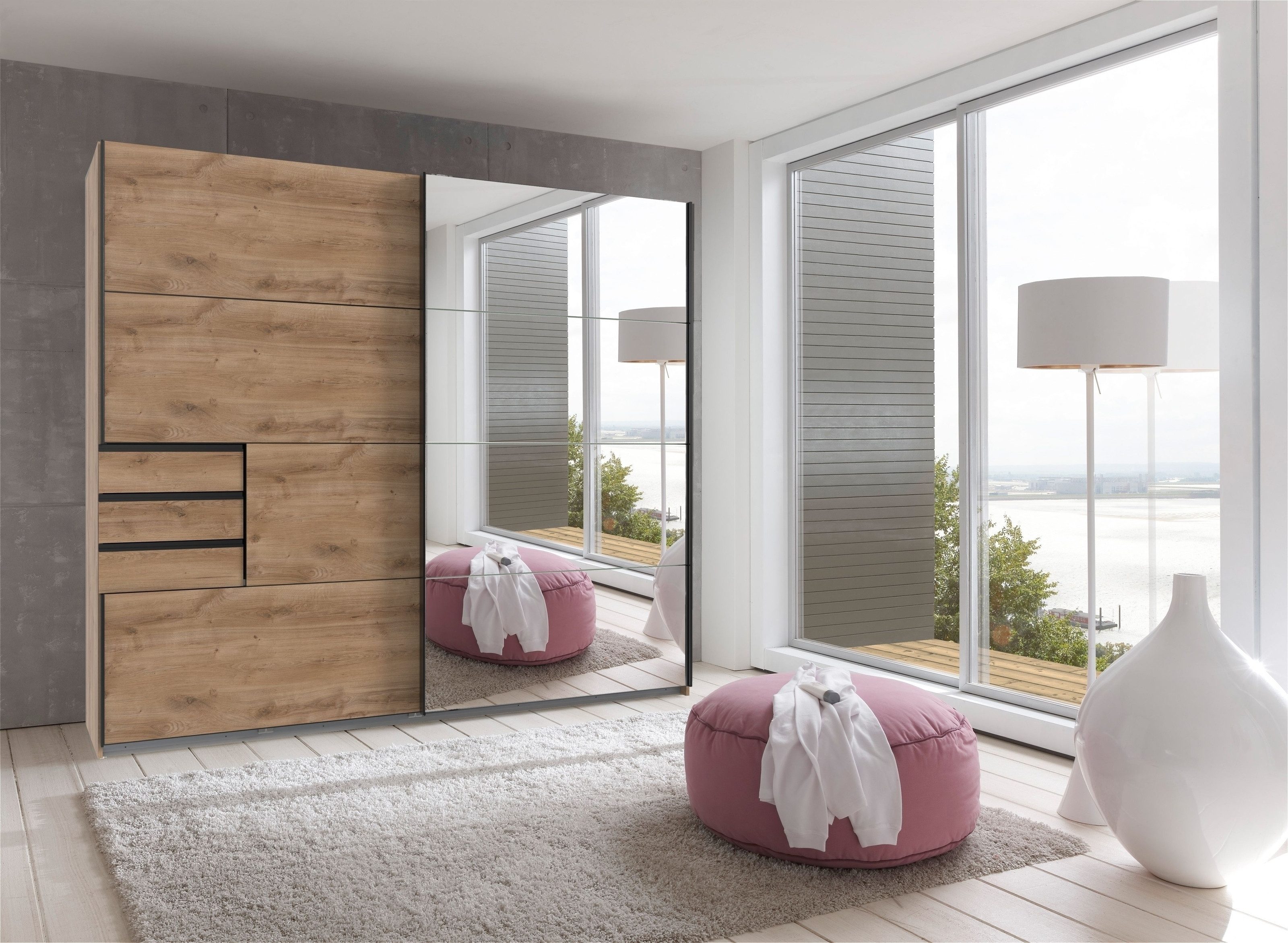 freiraum Schwebetürenschrank Saigon 3 Schübe, Spiegel / Plankeneiche Nachbildung - 225x208x64cm (BxHxT)