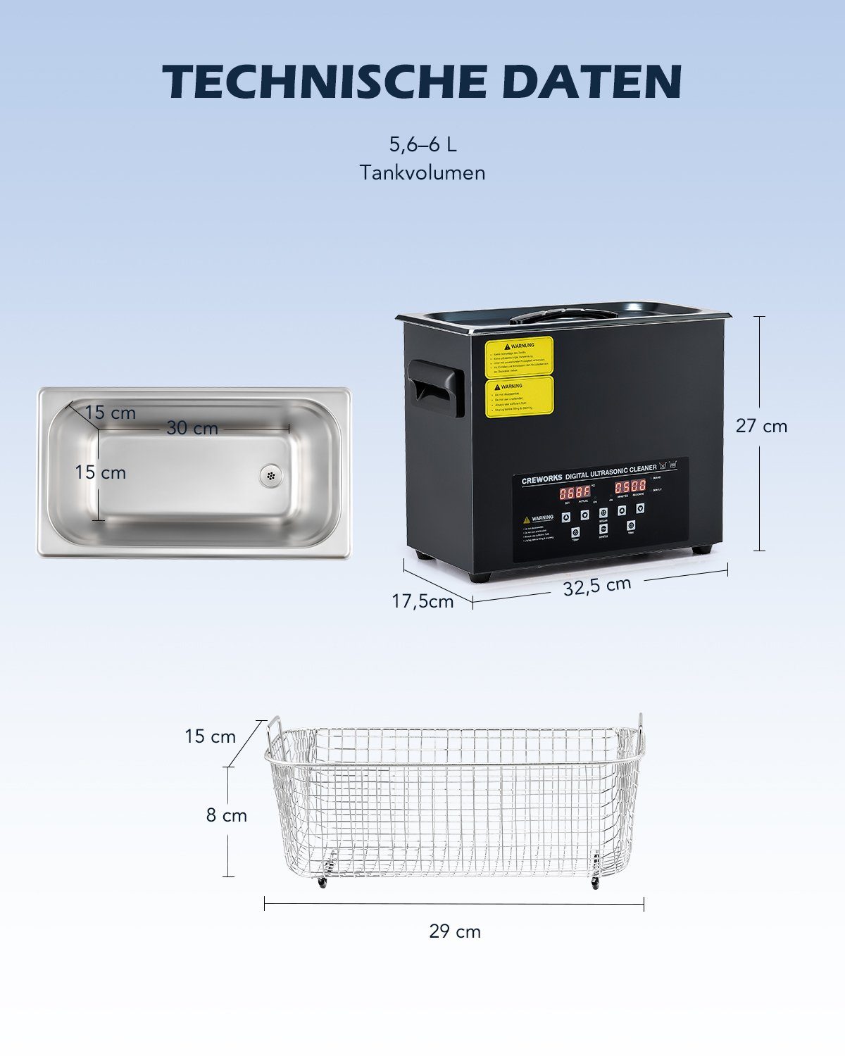 6L Ultraschallreinigungsgerät inkl. Ultraschall Ultraschallreiniger Reinigungsgerät Korb CREWORKS