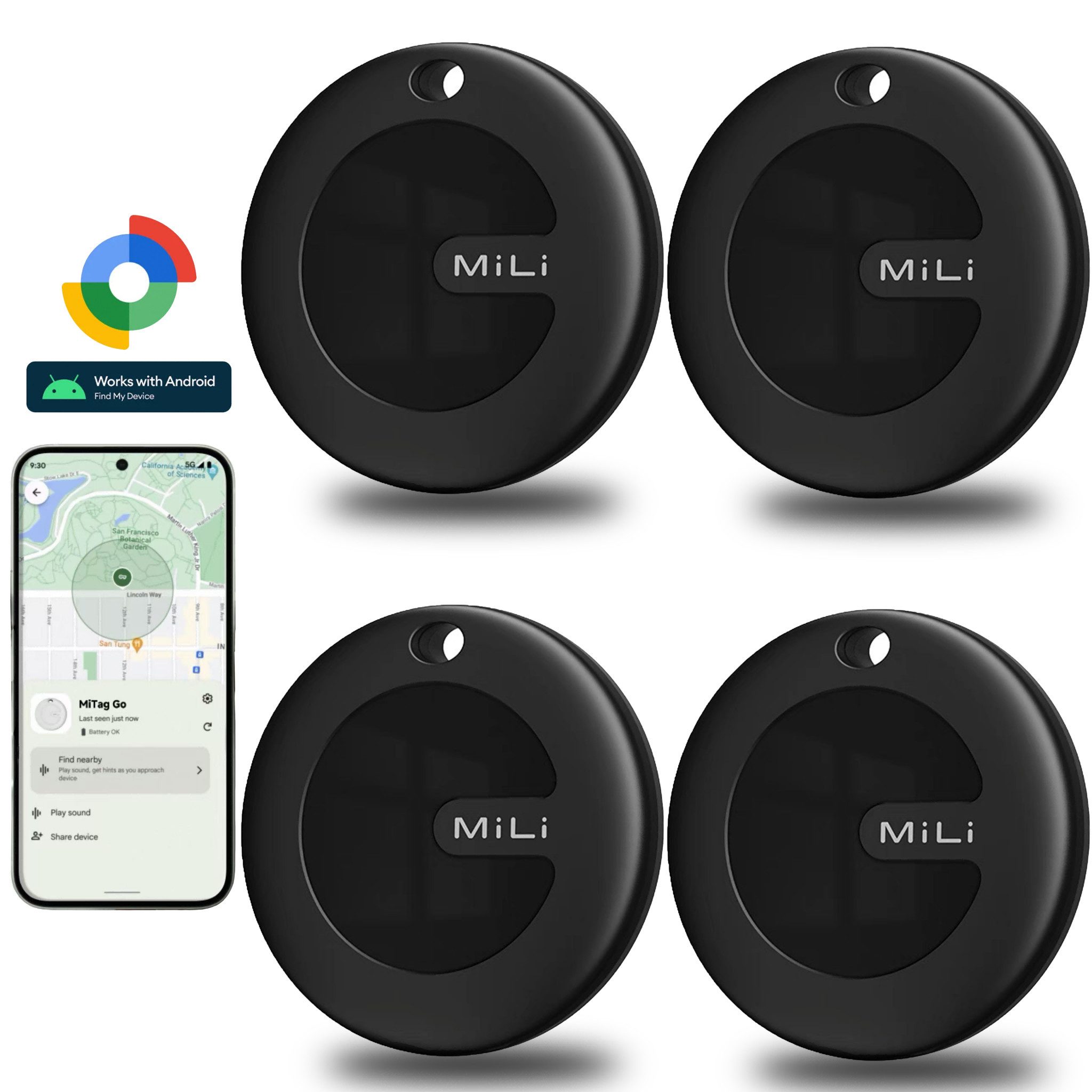 Mili SmartTag Bluetooth Tracker für Android (Google Find My Device), GPS-Tracker (Schlüsselfinder, Ortungsgerät für Auto & Koffer,Geschenkideen, Schwarz)