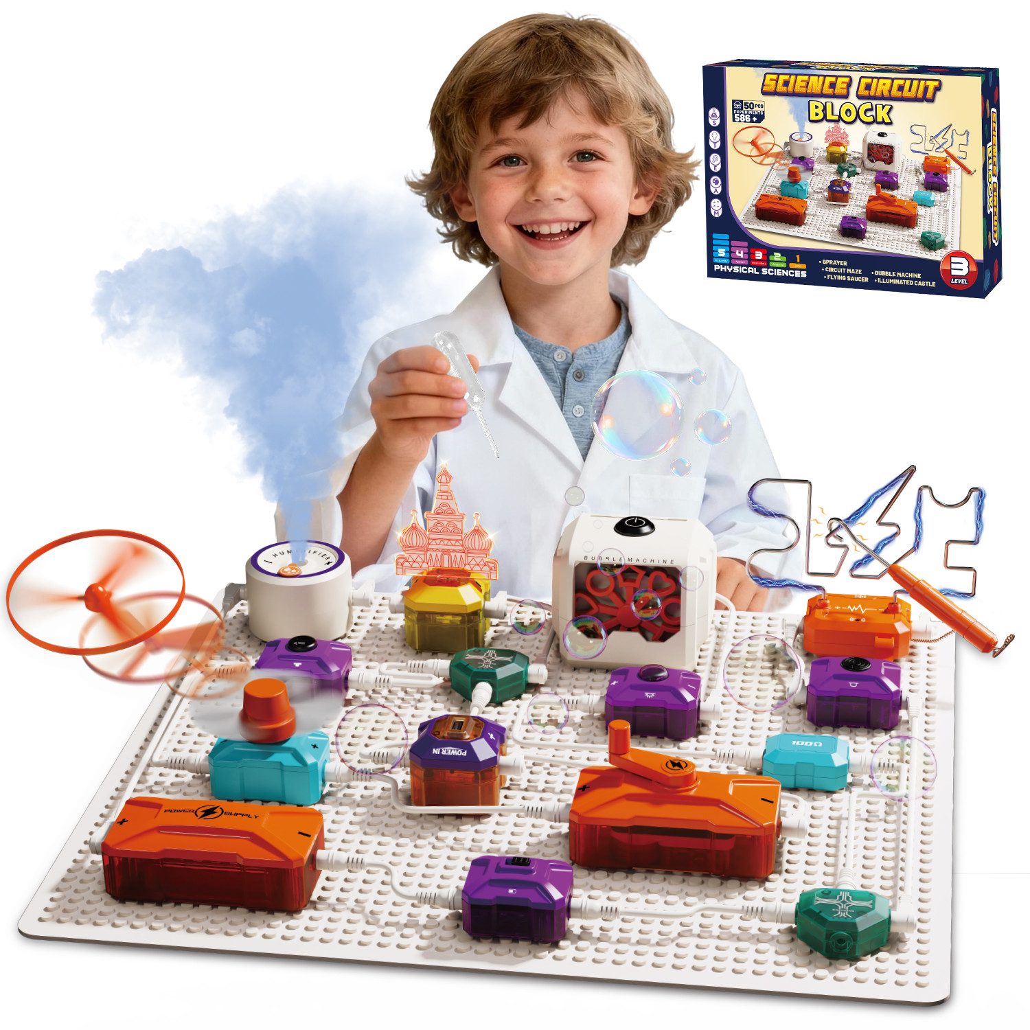 Esun Experimentierkasten Elektronik Baukasten, Experimente für Kinder, 50 STEM Physikspielzeug, (Set, 50-tlg., Komplettset), Blasenmacher, Ventilator, Fliegender Hubschrauber