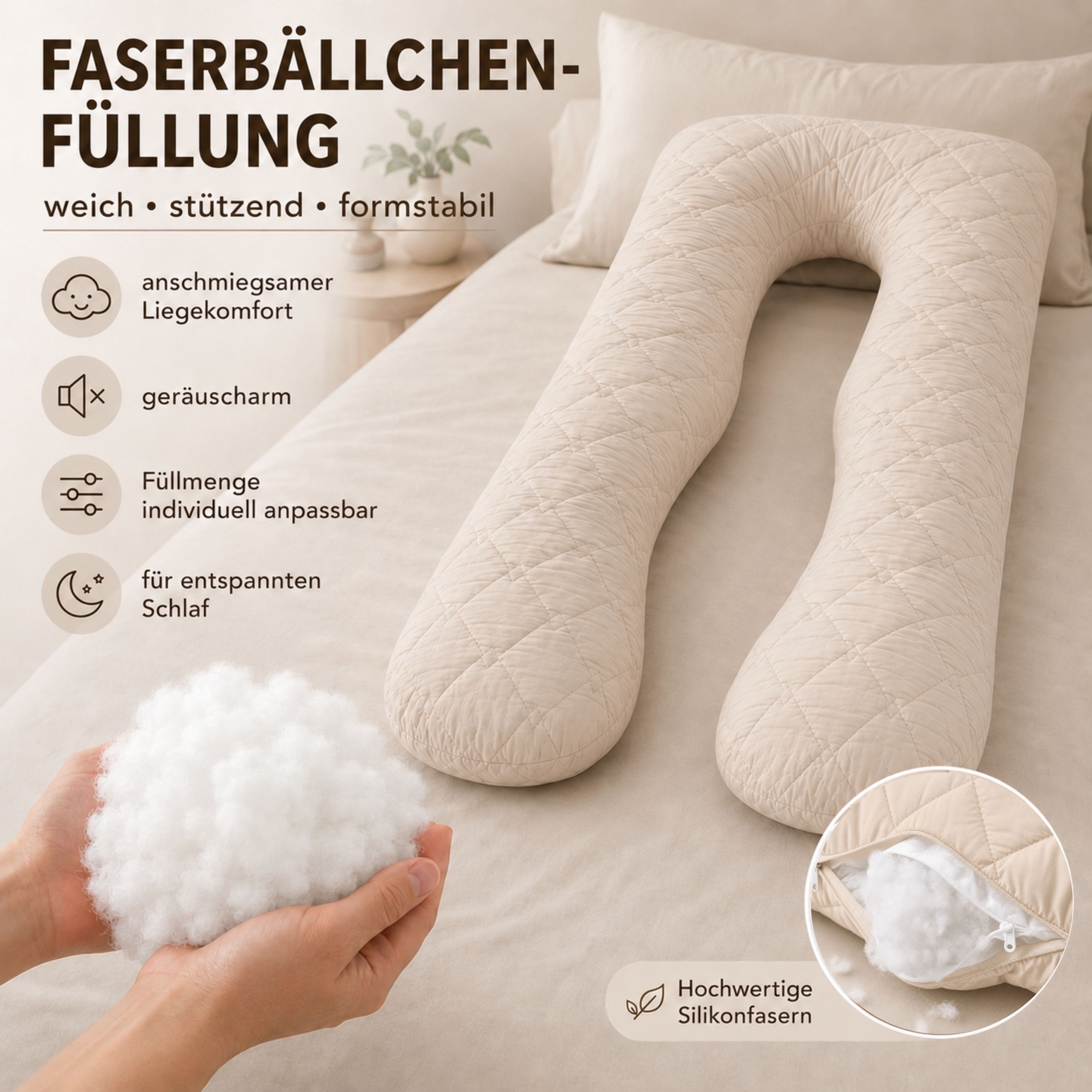 SEI Design Stillkissen Seitenschläferkissen Bodypillow Beige - Körperkissen, Schwangerschaftskissen mit Bezug, 1-tlg., gesteppt mit 2 Reißverschlüssen