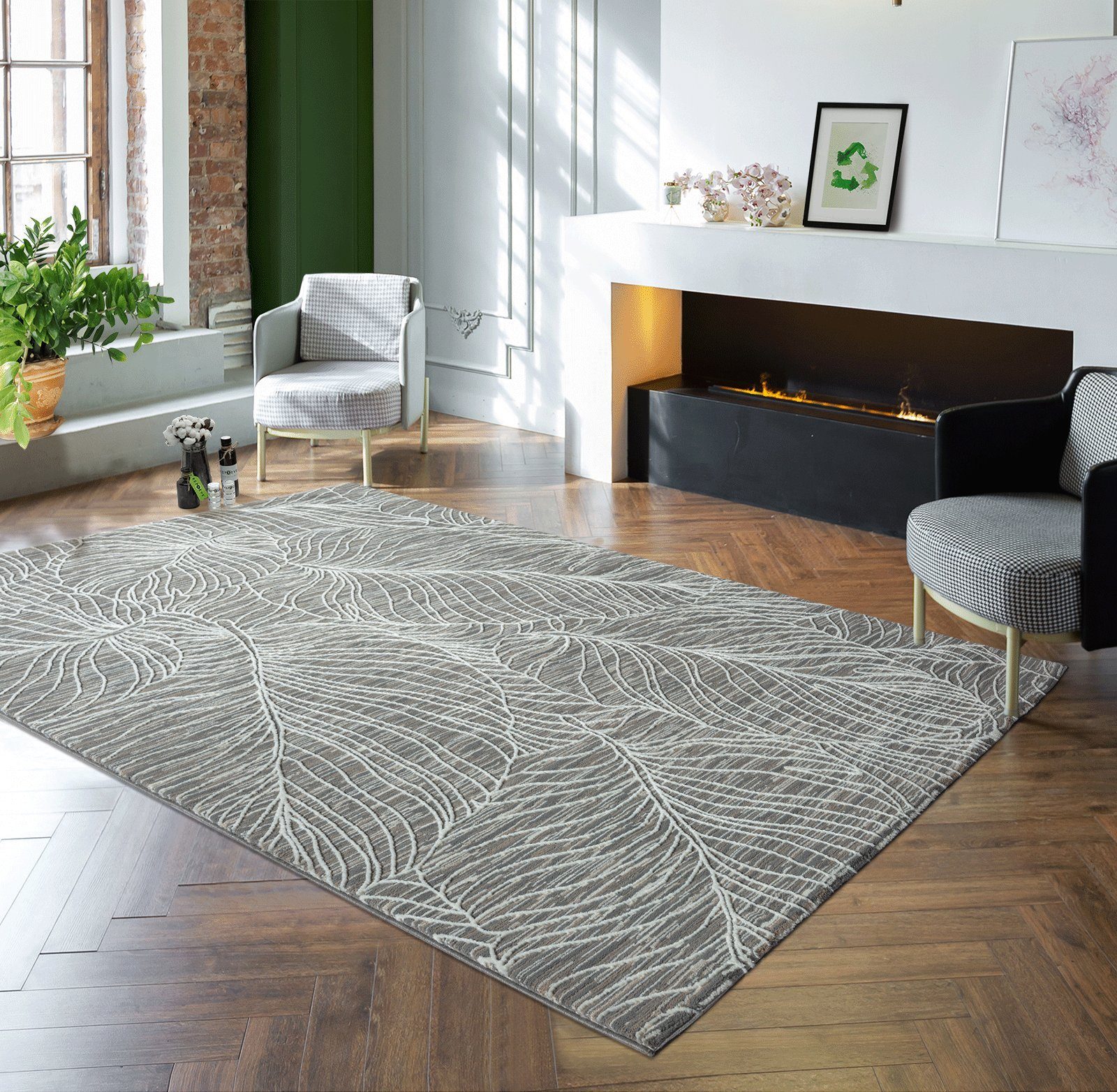 Teppich »Lima Designer Teppich, weich & pflegeleicht, 3D-Effekt, waschbar, Flor aus 100% recyceltem Polyester, Flora, Grau, 80 x 150 cm«, the carpet, Rechteck