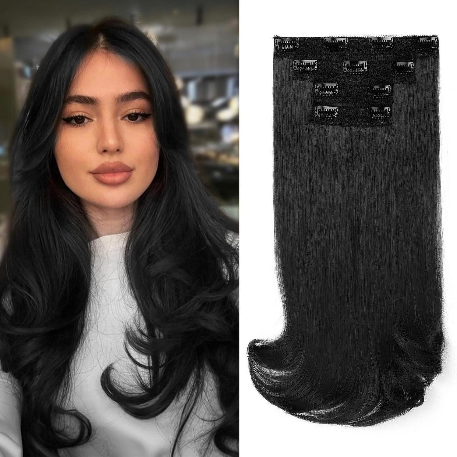 LuxusKollektion Kunsthaar-Extension Haarverlängerungen Clip in Haarteile Layer Tressenband 40 cm Schwarz