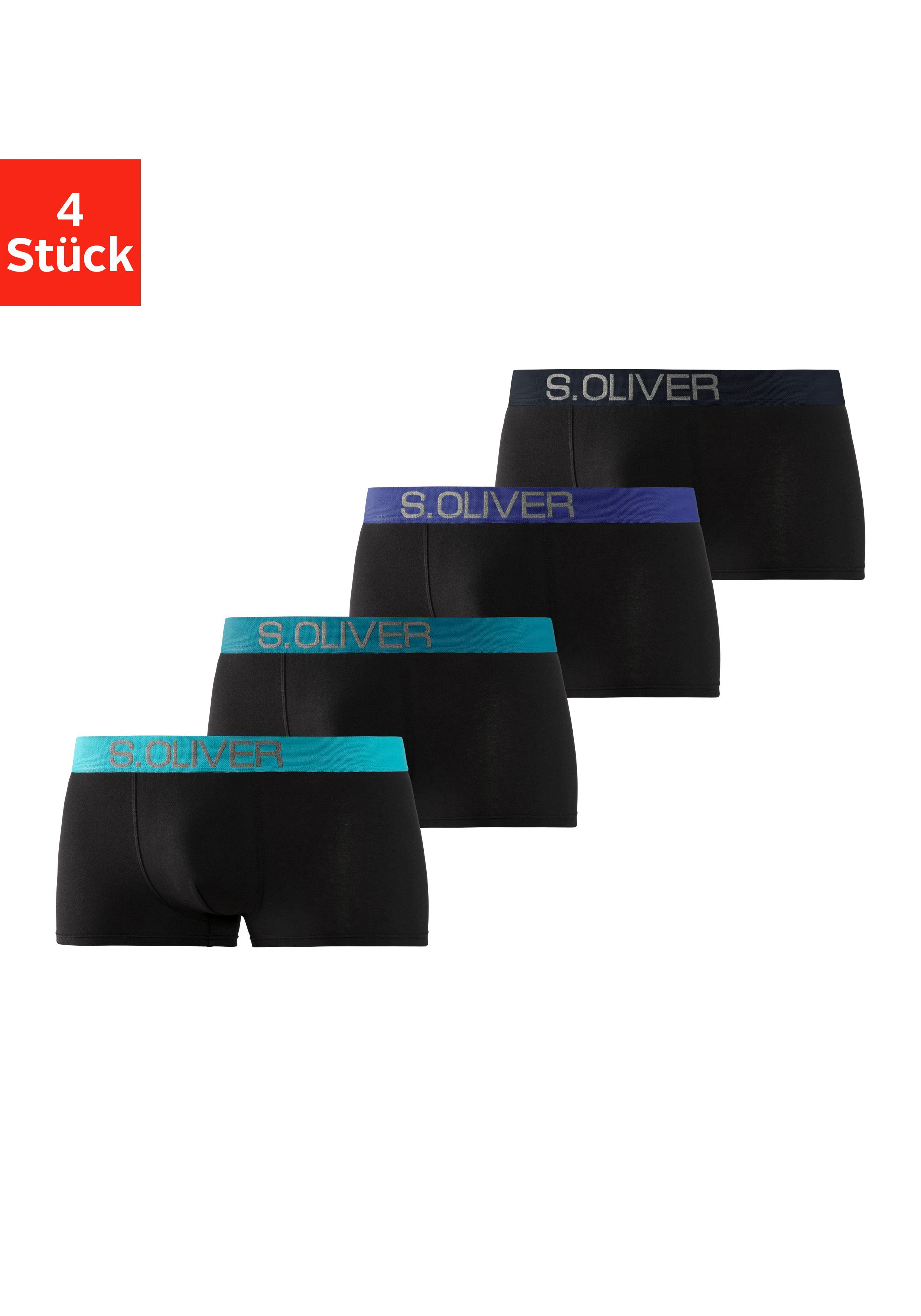 s.Oliver Boxershorts (Packung, 4-St) in kontrastfarbenem Webbund Hipster-Form schwarz-hellblau, schwarz-royalblau mit schwarz-marine, schwarz-türkis