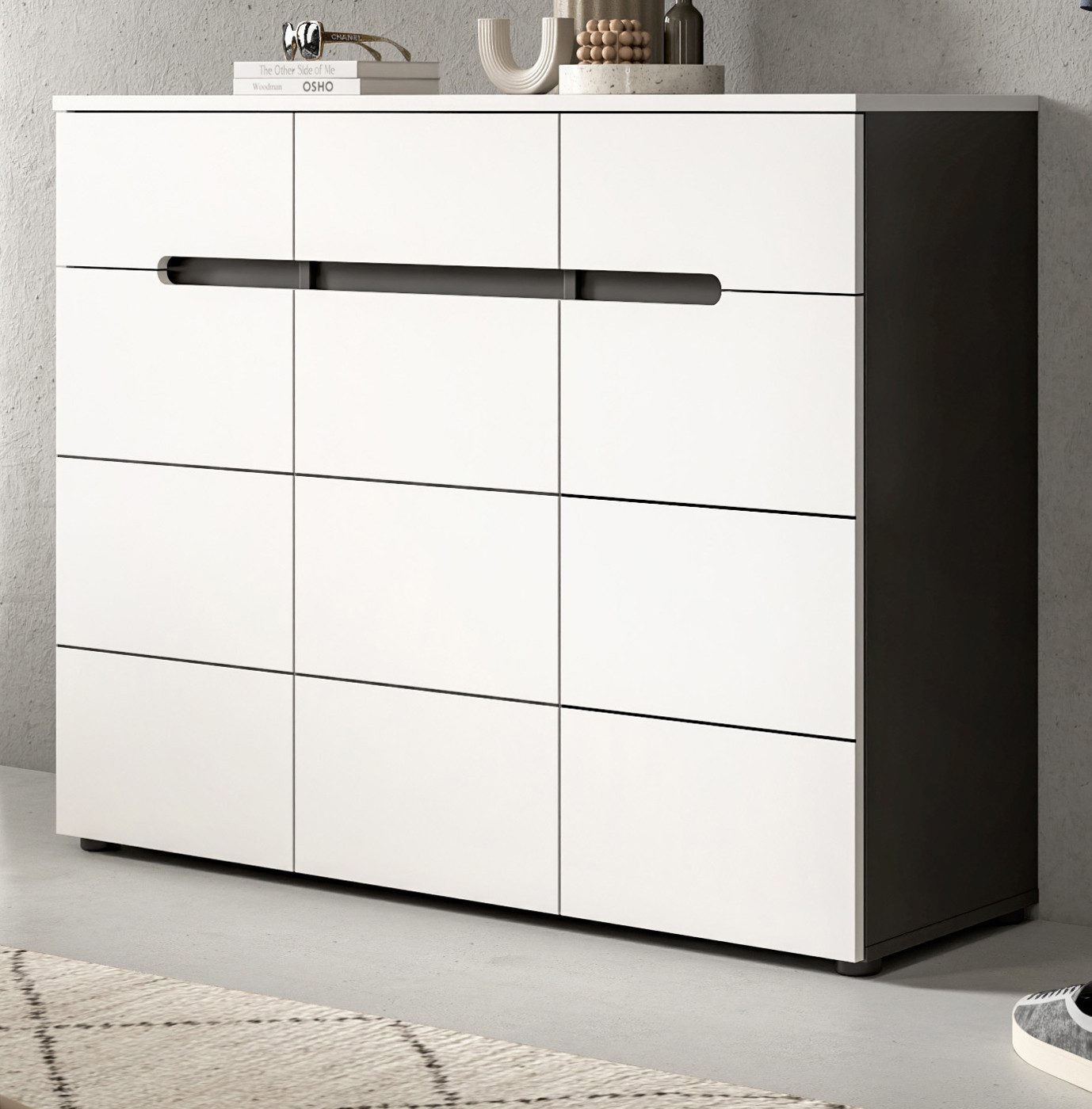 Inn.Furn Schuhkommode Cooper (Flurkommode in Weiß und Basalt Grau, 3-türig, 120 x 94 cm), mit 12 Fächern, Soft-Close-Funktion