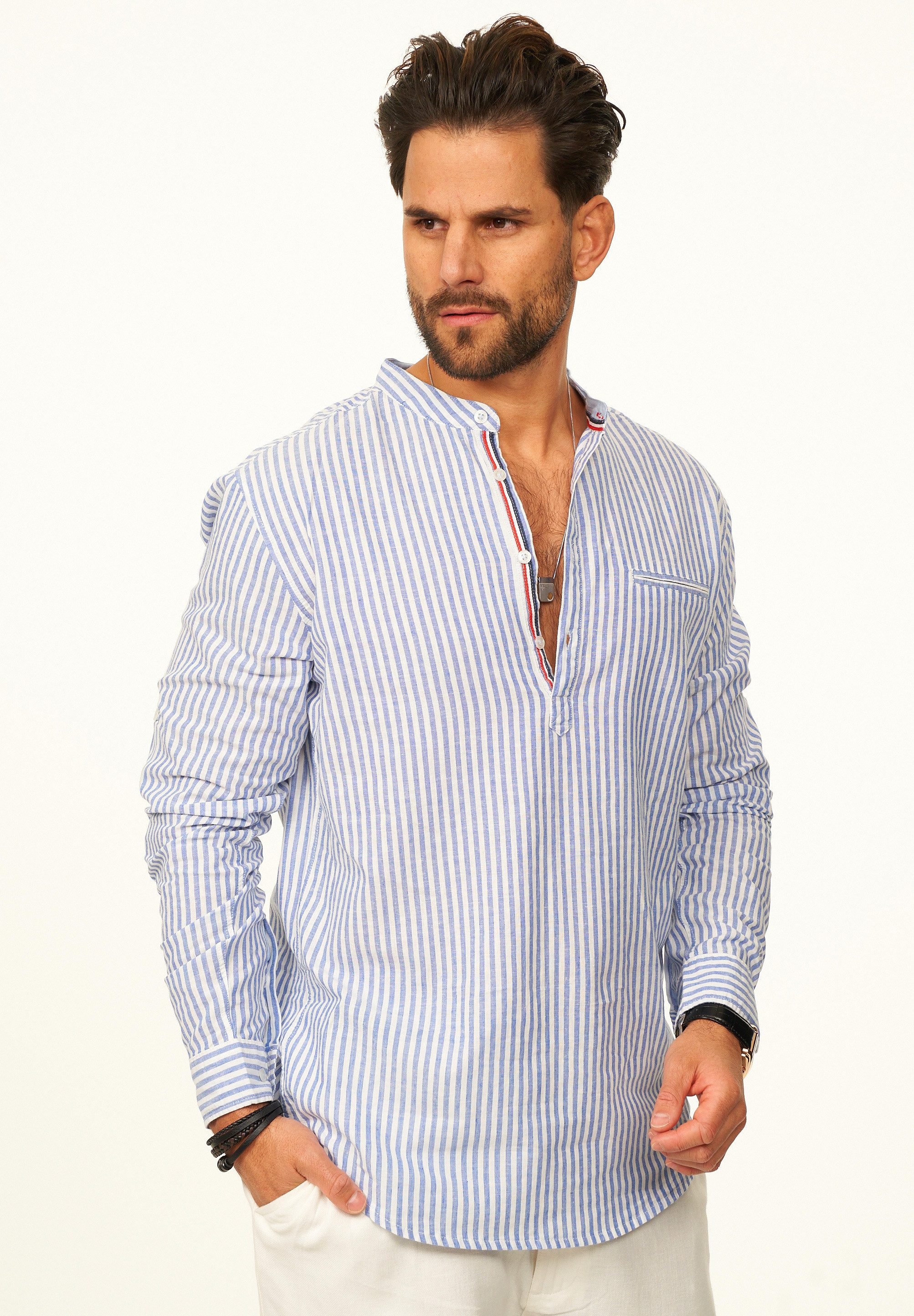 behype Langarmhemd Gestreift im Regular-Fit mit Henley-Stehkragen Herren Sommerhemd als Freizeithemd