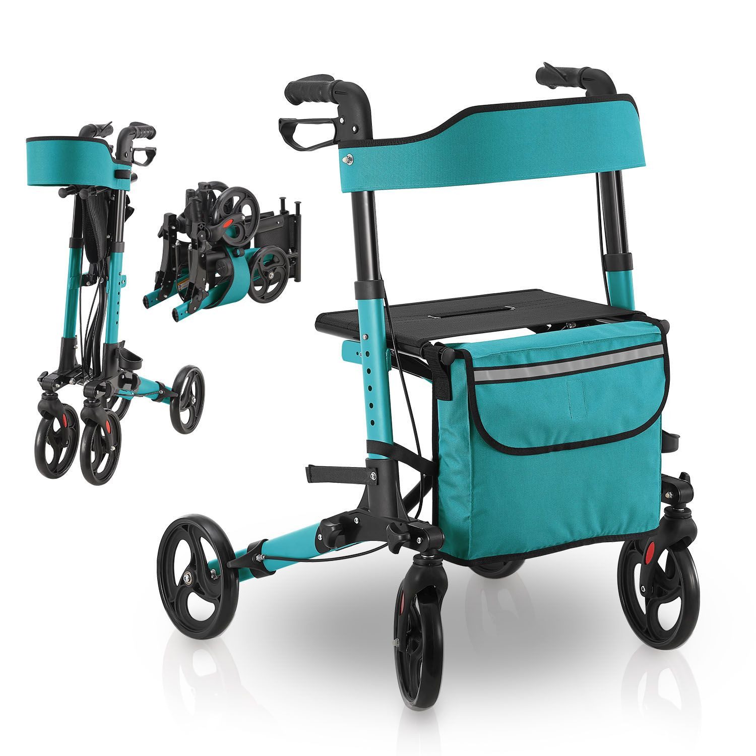 Juskys Rollator Vital, klappbar, mit Sitz, Einkaufstasche und Gehstockhalterung