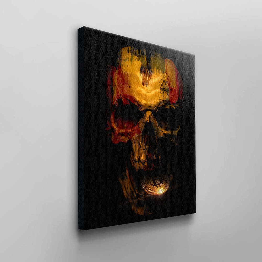 Leinwandbild rot Skull, weißer Mund Totenkopf Bi Rahmen gelb Wandbild DOTCOMCANVAS® Bitcoin-Krypto Bitcoin schwarz grun gold
