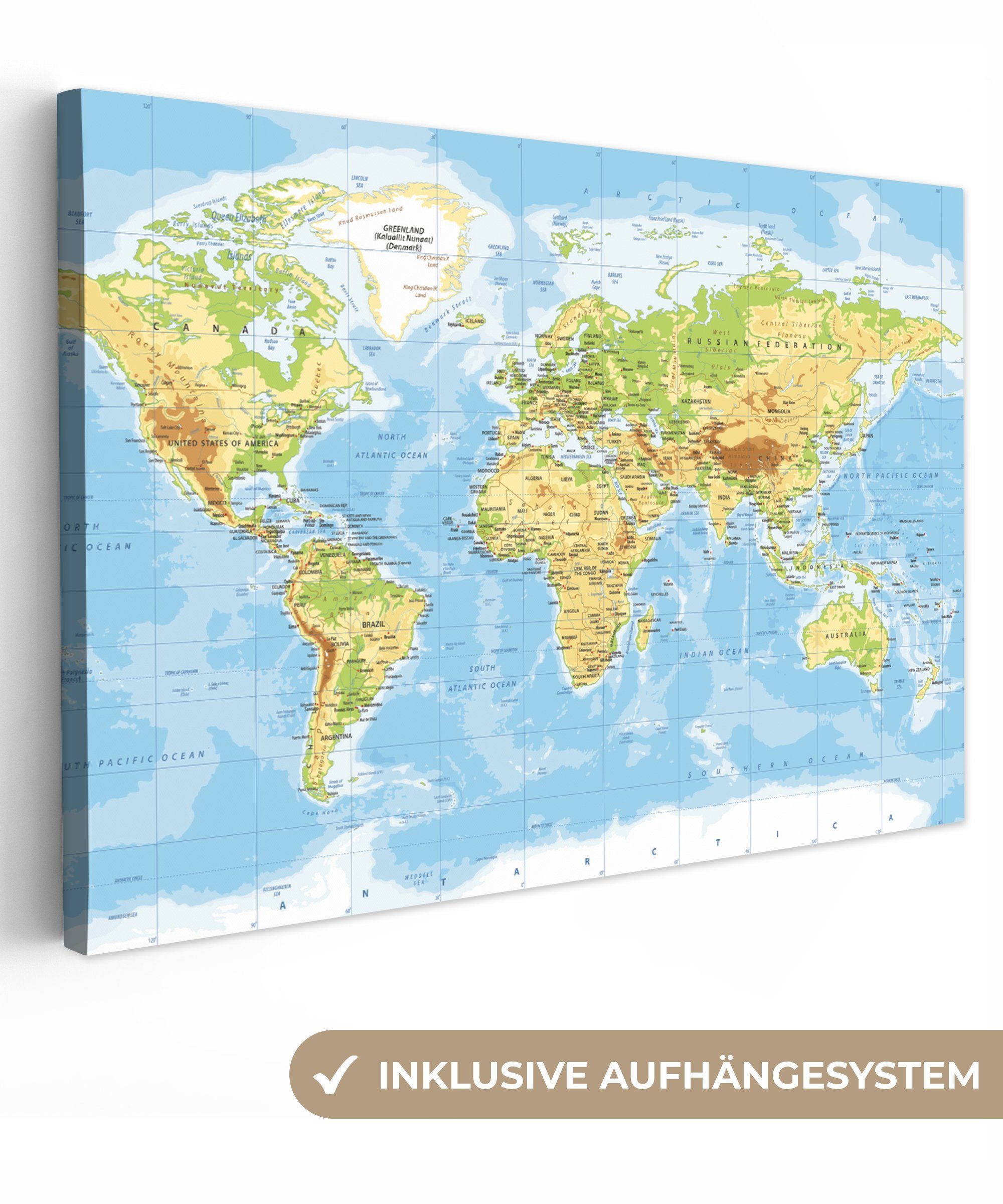 Leinwandbilder, OneMillionCanvasses® St), - Wanddeko, Erde Blau Weltkarte - Leinwandbild cm Aufhängefertig, - Bildung, 30x20 Statistisch Wandbild (1 -