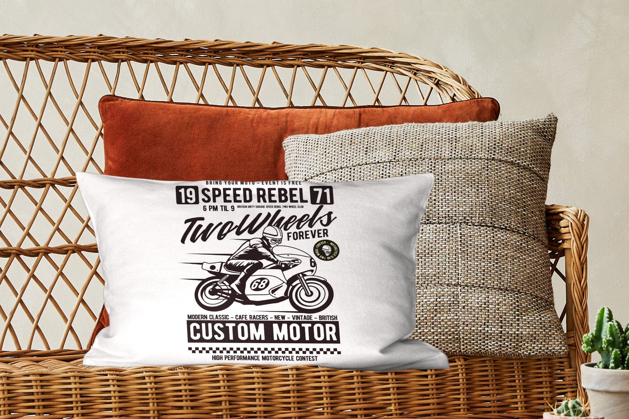 Dekoration, - Schlafzimmer Vintage, - MuchoWow Füllung, Motorrad Zierkissen, mit Mann Wohzimmer Dekokissen - Helm Dekokissen