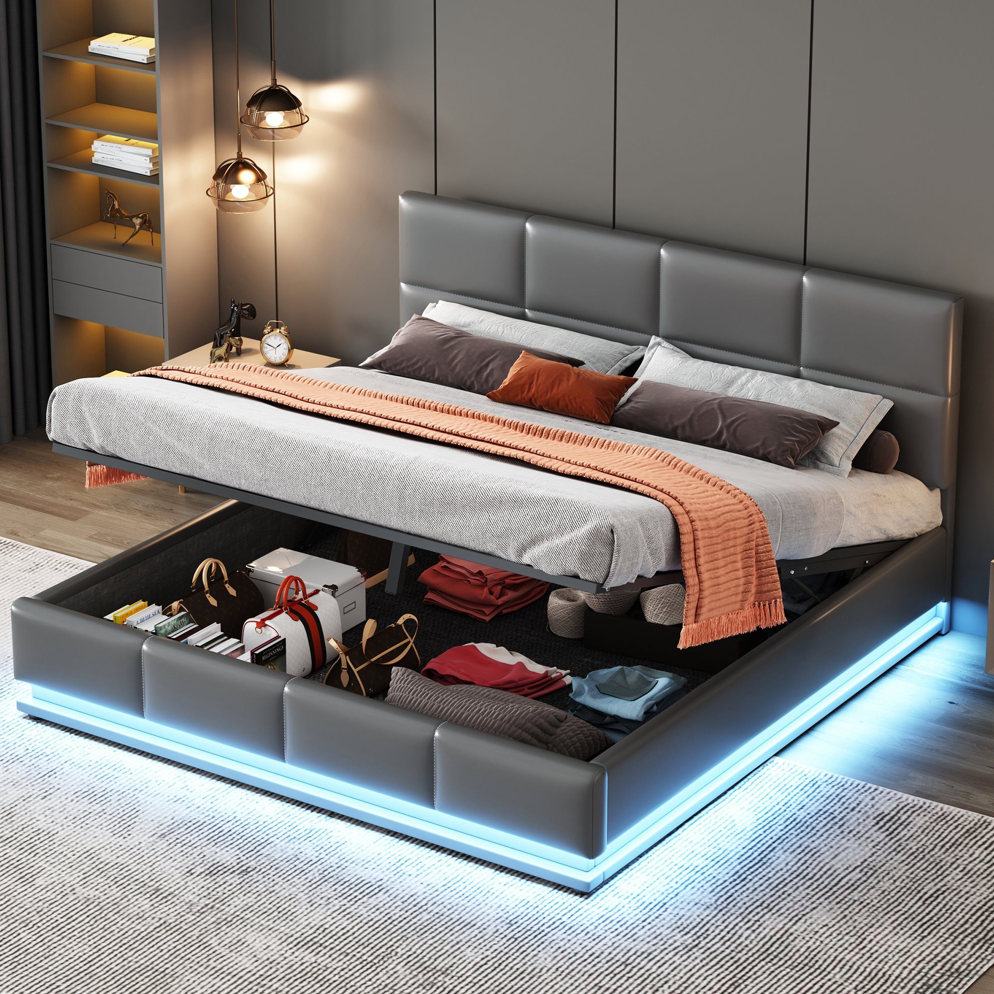 Flieks Polsterbett, LED hydraulisches Doppelbett Kunstleder günstig online kaufen