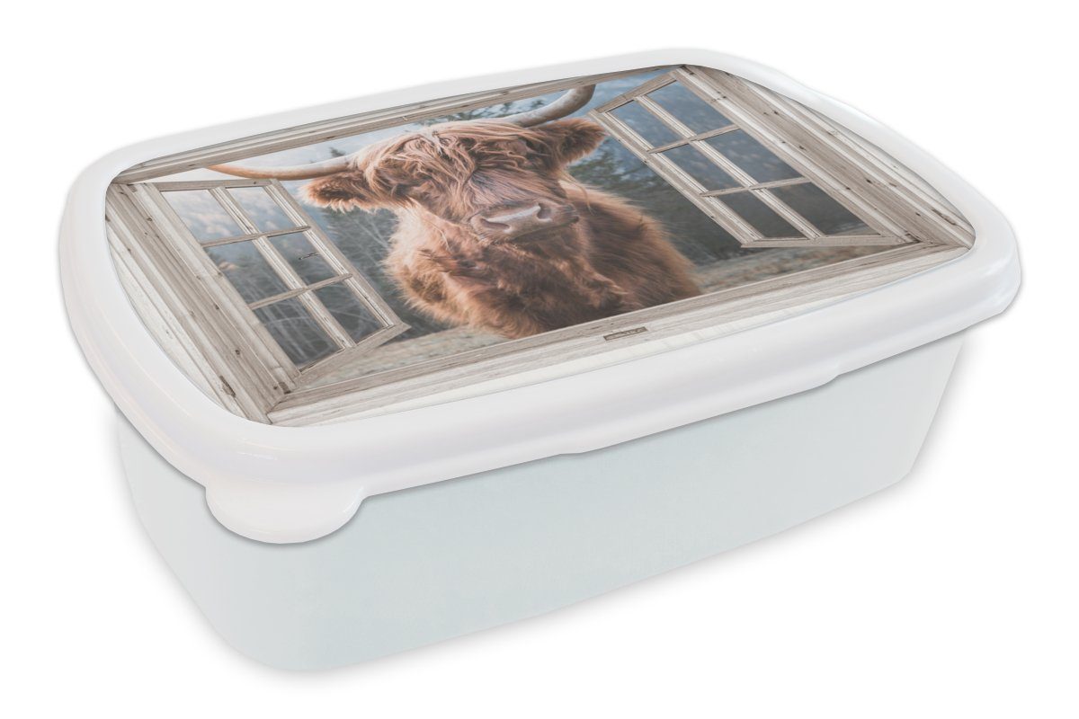 Brotbox Jungs - für Lunchbox und Aussicht, Brotdose, - Schottischer Highlander Berg MuchoWow für - Kuh und Kinder Kunststoff, Erwachsene, (2-tlg), weiß Mädchen