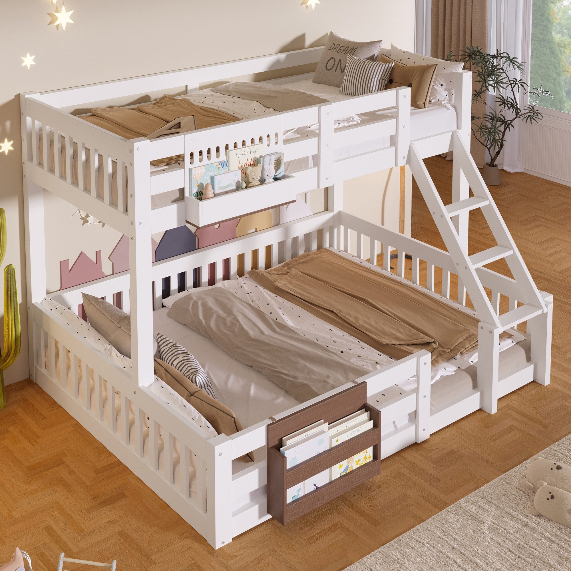 Ulife Etagenbett für 2 Kinder, 90×200 und 140×200 cm, Kinderbett mit Leiter (1-St), Aufbewahrungsfächer, Sicherheitsgitter, schlichtes Design