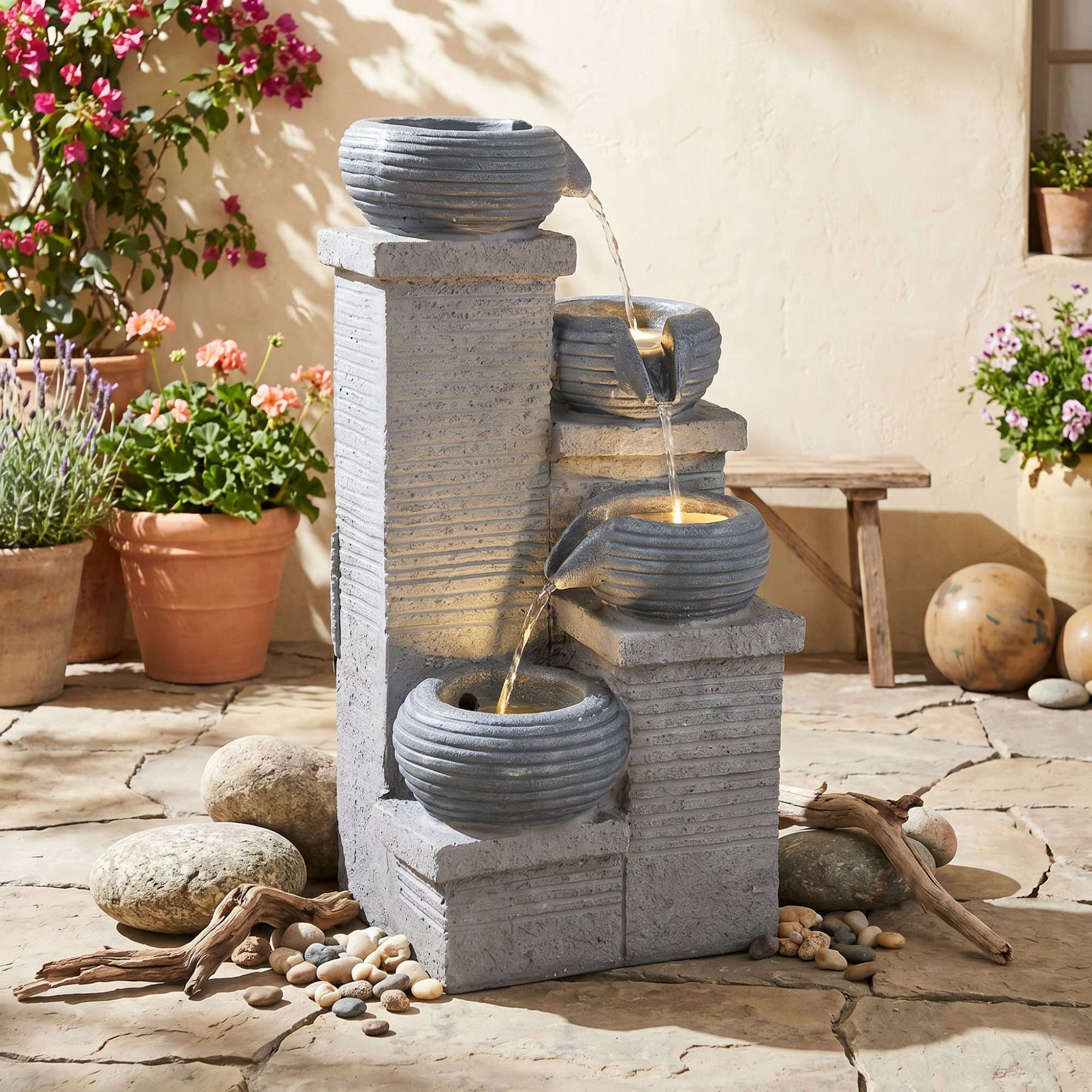 KOMFOTTEU Gartenbrunnen, 4-stufiger Gartenbrunnen mit LED & Wasserfall
