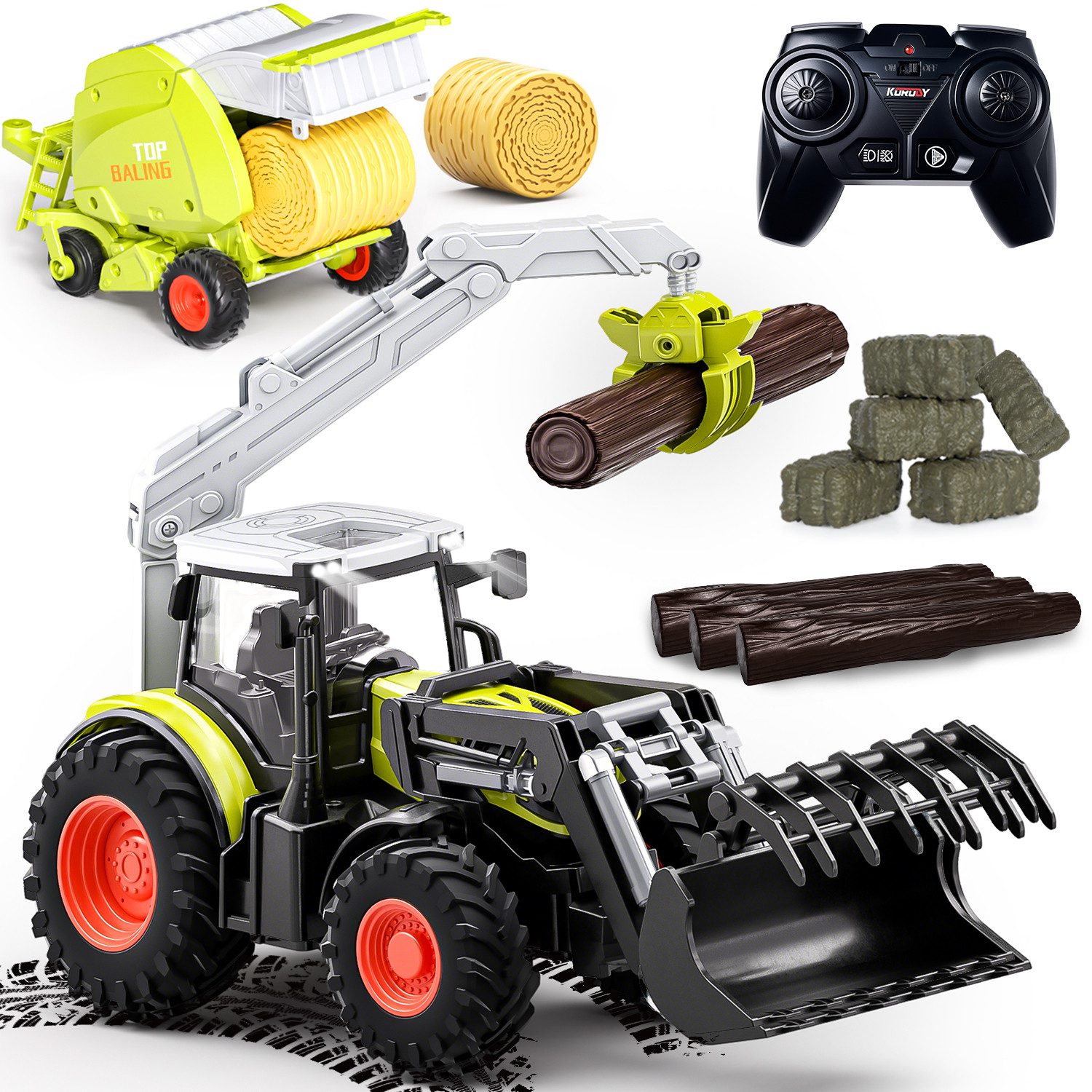 Esun RC-Traktor Ferngesteuerter Traktor mit Anhänger, Ballenwagen und Holztransporter (Set, Komplettset), Spielzeug Ballenpresse/Rundballenpresse/Ballenwage