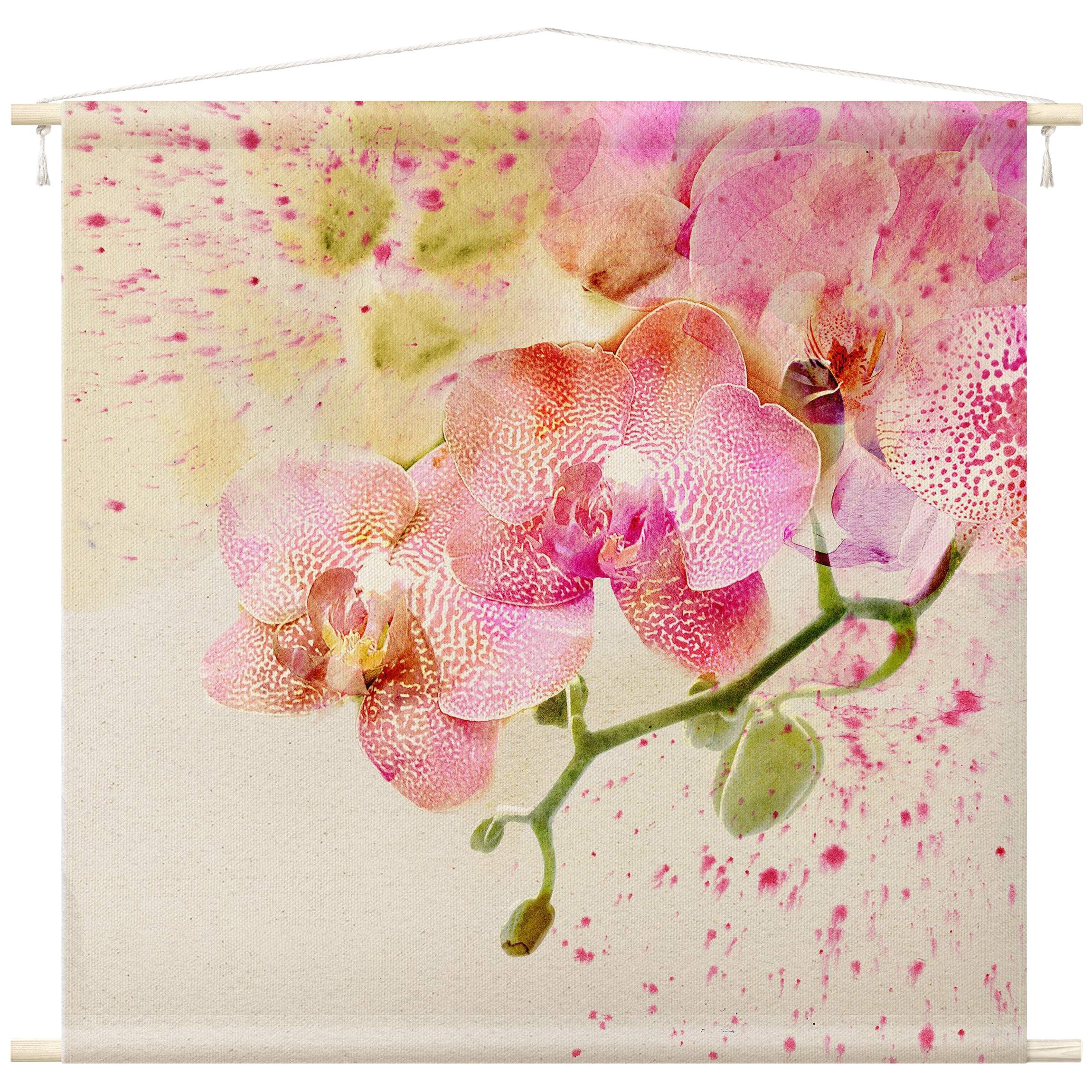 Bilderdepot24 Wandteppich modern Blumen Aquarell Orchidee pink, quadratisch, Höhe: 2.6 mm, großes Wandbild aus Natur-Baumwolle Wandbehang Stoffbild Tuch Wollseil