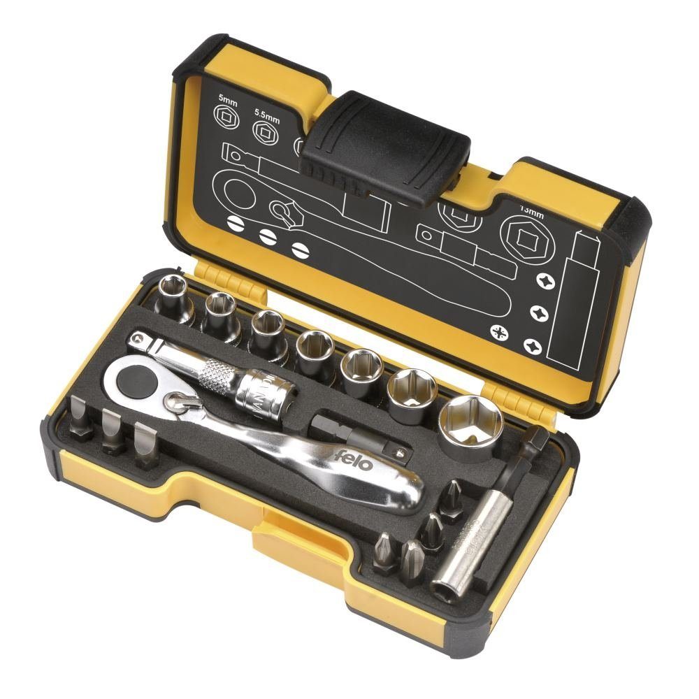Felo Steckschlüssel XS 18 - Werkzeugsatz 1/4' mit Miniratsche, Bits, S