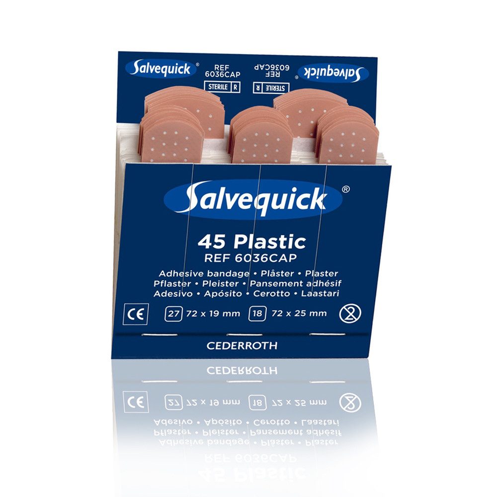 Salvequick® Wundpflaster Salvequick 6036 Wasserfeste Pflasterstrips Refill 45Stk (Nachfüllpackung, 45 St., in zwei Größen), allergiegetestet, hautfreundlich, selbstklebend
