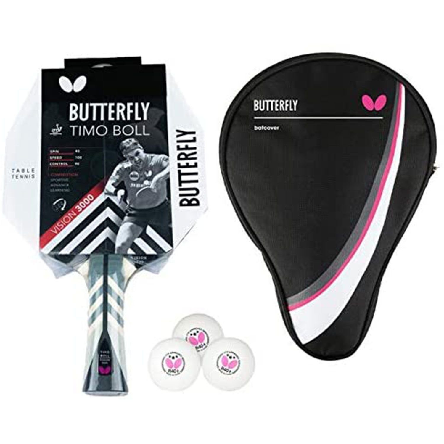 Butterfly Tischtennisschläger 1x Timo Boll Vision 3000 + Drive Case 1 + Bälle, Tischtennis Schläger Set Tischtennisset Table Tennis Bat Racket