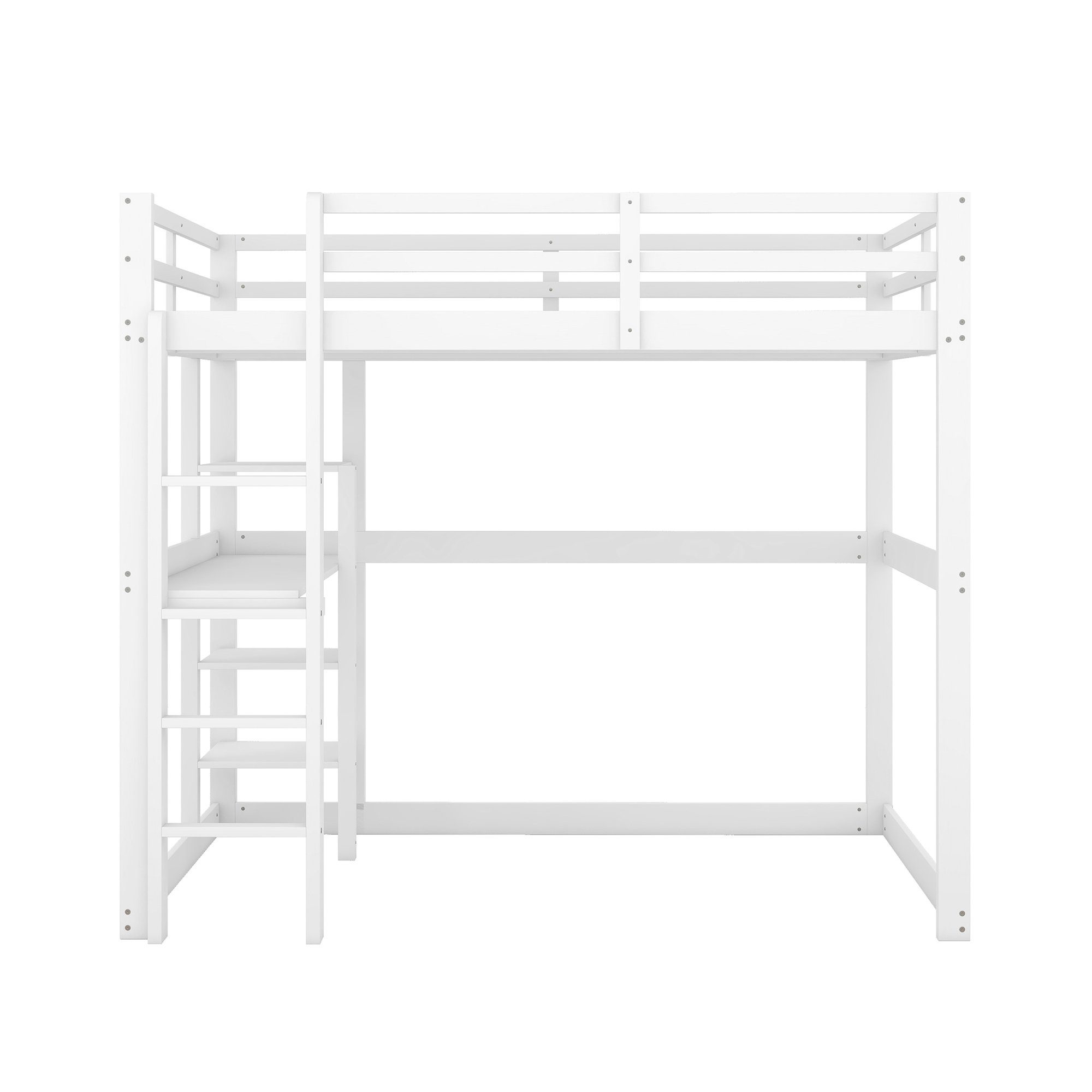 SOFTWEARY Hochbett (Doppelbett cm) weiß und Leiter, aus Lattenrost, Holzbett Kiefer Schreibtisch 140x200 Regalen, mit