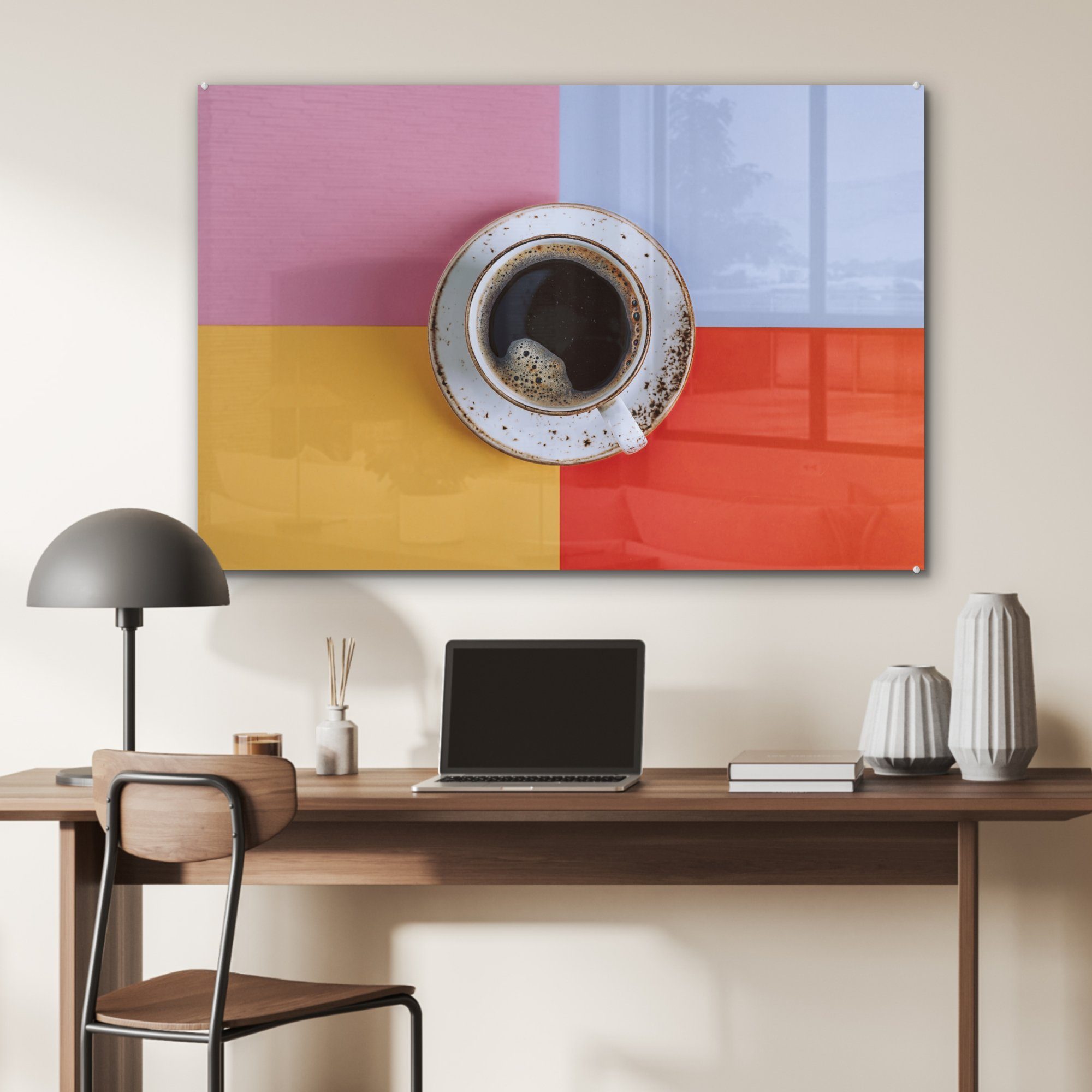 (1 Schlafzimmer Kaffee Draufsicht auf Hintergrund, mit Acrylglasbilder St), eine Tasse Wohnzimmer & buntem Acrylglasbild MuchoWow