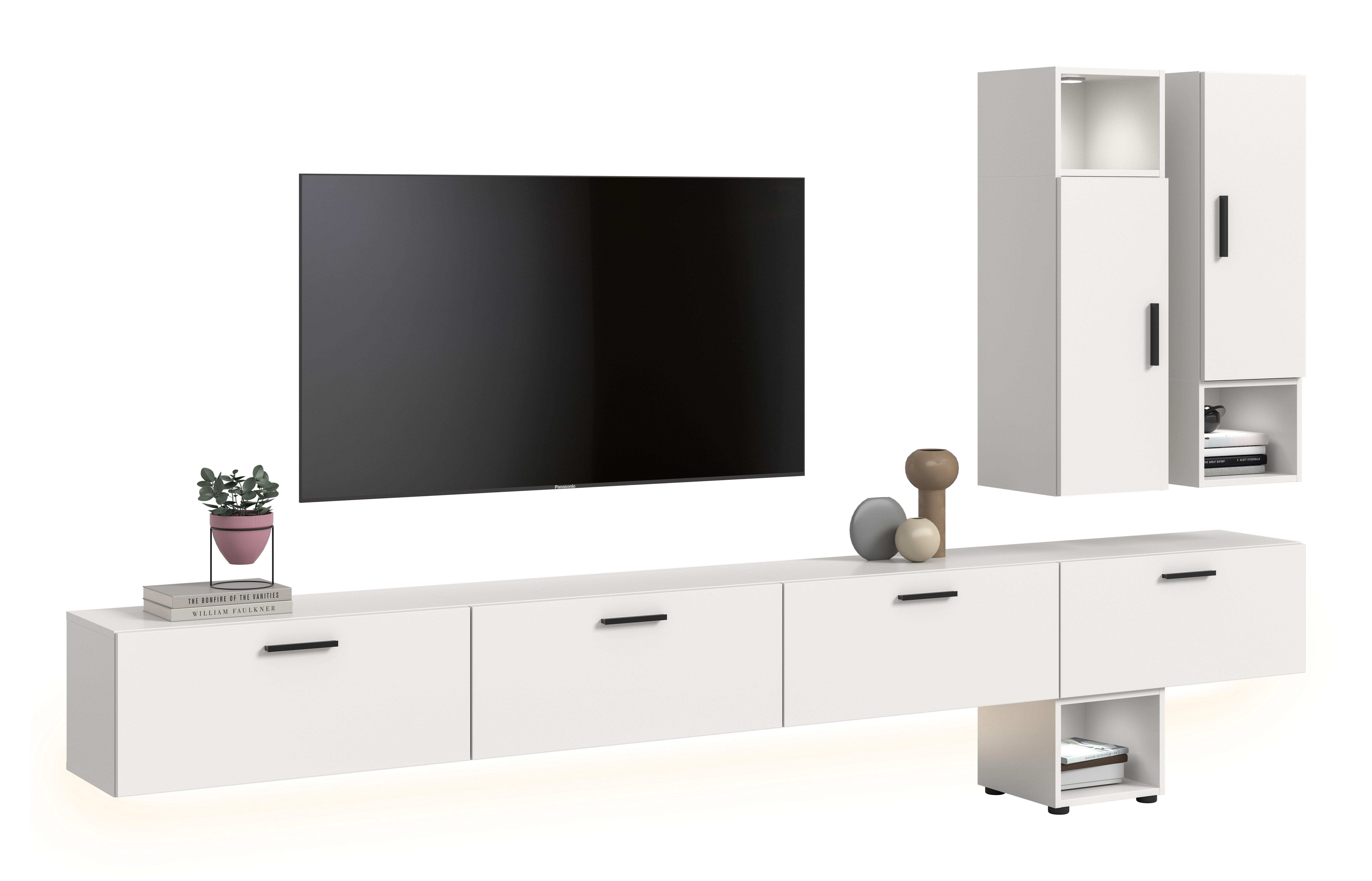 furnling Wohnzimmer-Set Onea, (9-St., inkl. LED-Beleuchtung), 2 Türen, 3 offene Fächer, 4 Klappen, Breite 300 cm, weiß