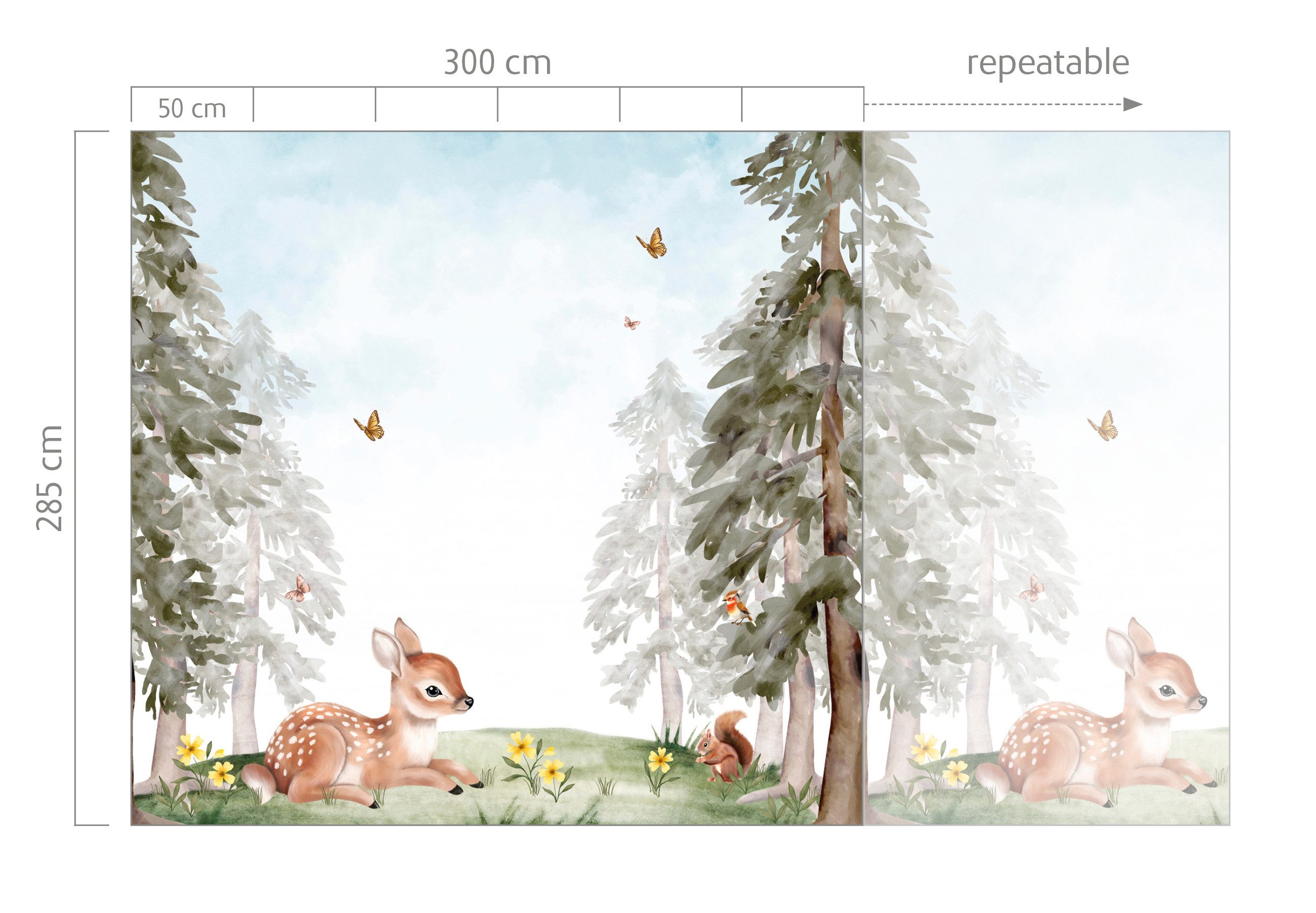 Rasch Fototapete Bambi in Braun - Kinderzimmer, Roomblush - RB453, glatt, gemustert, Wald, (1 Rolle, 1 St), Rehkitz, Cartoon